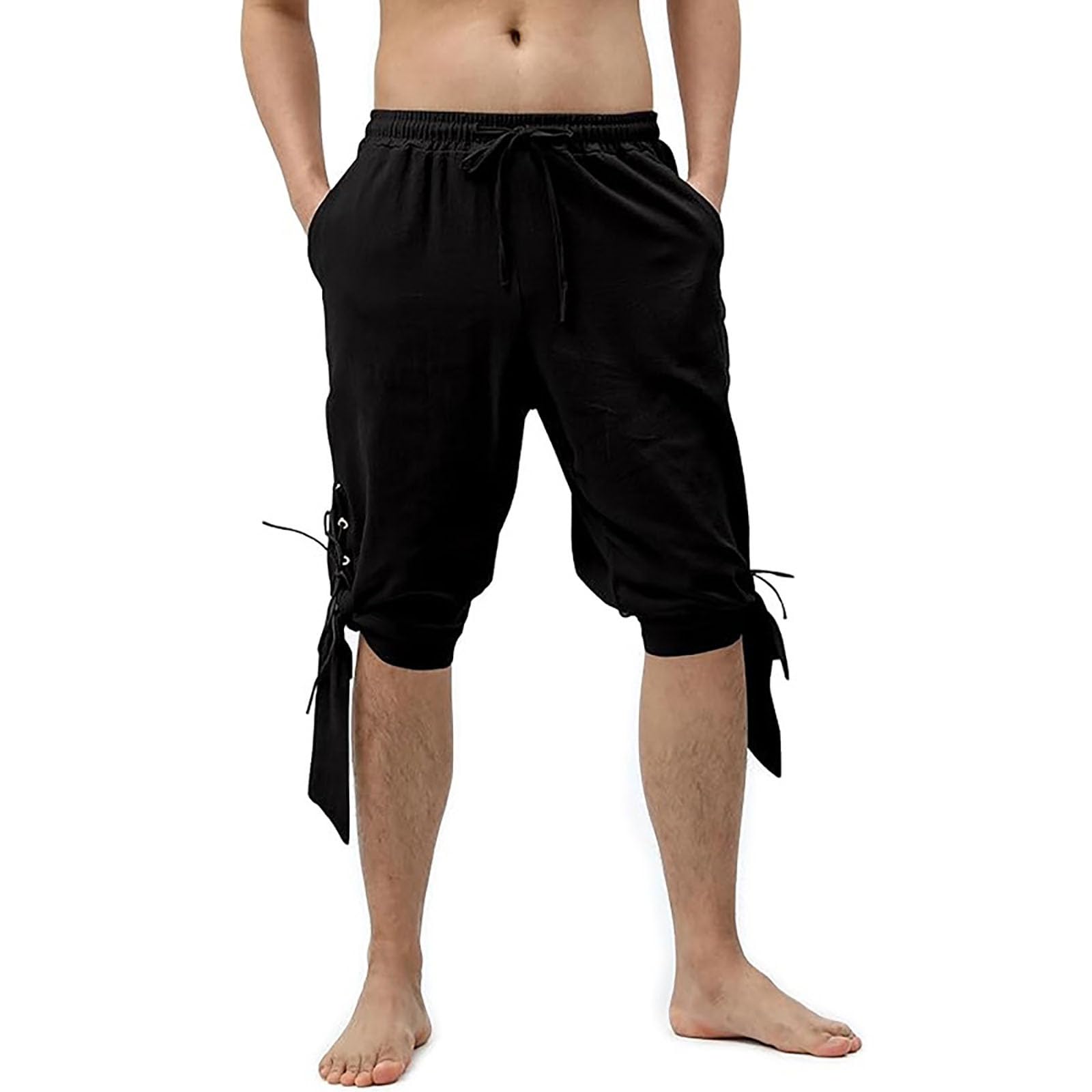 Pirate Shorts Men, Medieval Viking Pirate Costume Shorts with Drawstrings Renaissance Gothic Short Elastic Waist Outdoor Lounge Trousers Cosplay Costume Bottom
