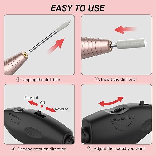 Miniatura 4 de AIRSEE Taladro de uñas eléctrico portátil profesional Efile Kit de taladro de uñas para acrílico + AIRSEE 100 bandas de lijado 180 grano, manicura