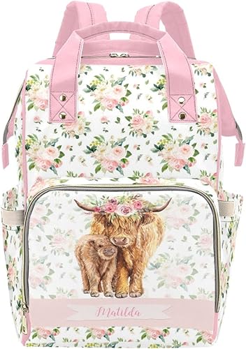 Bolsa de pañales personalizada con diseño de vaca para mujer, mochila de lactancia con nombre personalizado, bolsa de pañales para bebé, niño, niña,