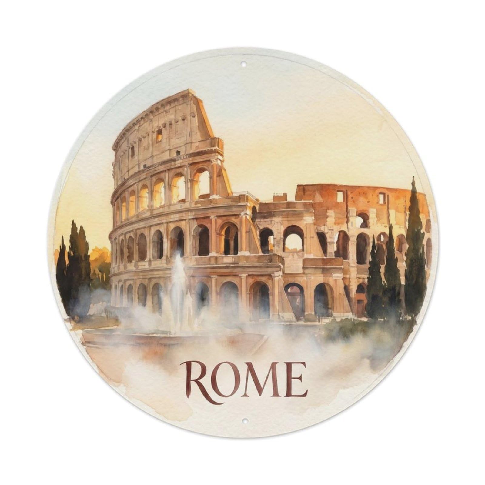 Rome Watercolor Vintage Travel Colosseum Cityscape Landmark Metal Tin Sign Plaque Wall Decor for Cafe, Man Cave, Club Bar, Office, Home Garden Round Metal Poster 8x8Inch