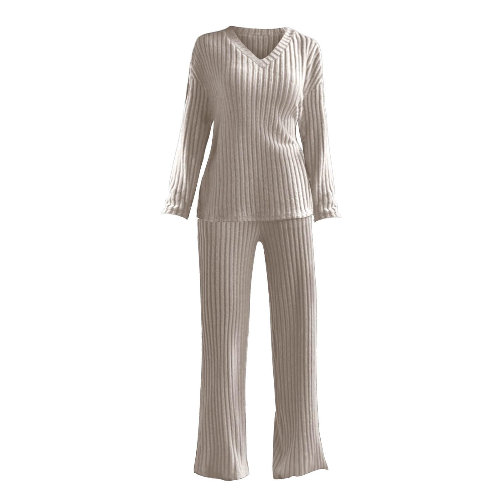 Pigiama a maniche lunghe, da donna, in tinta unita, in due pezzi, a maglia, 2 pezzi, lungo, con scollo a V e gamba larga, comodi pantaloni da lounge