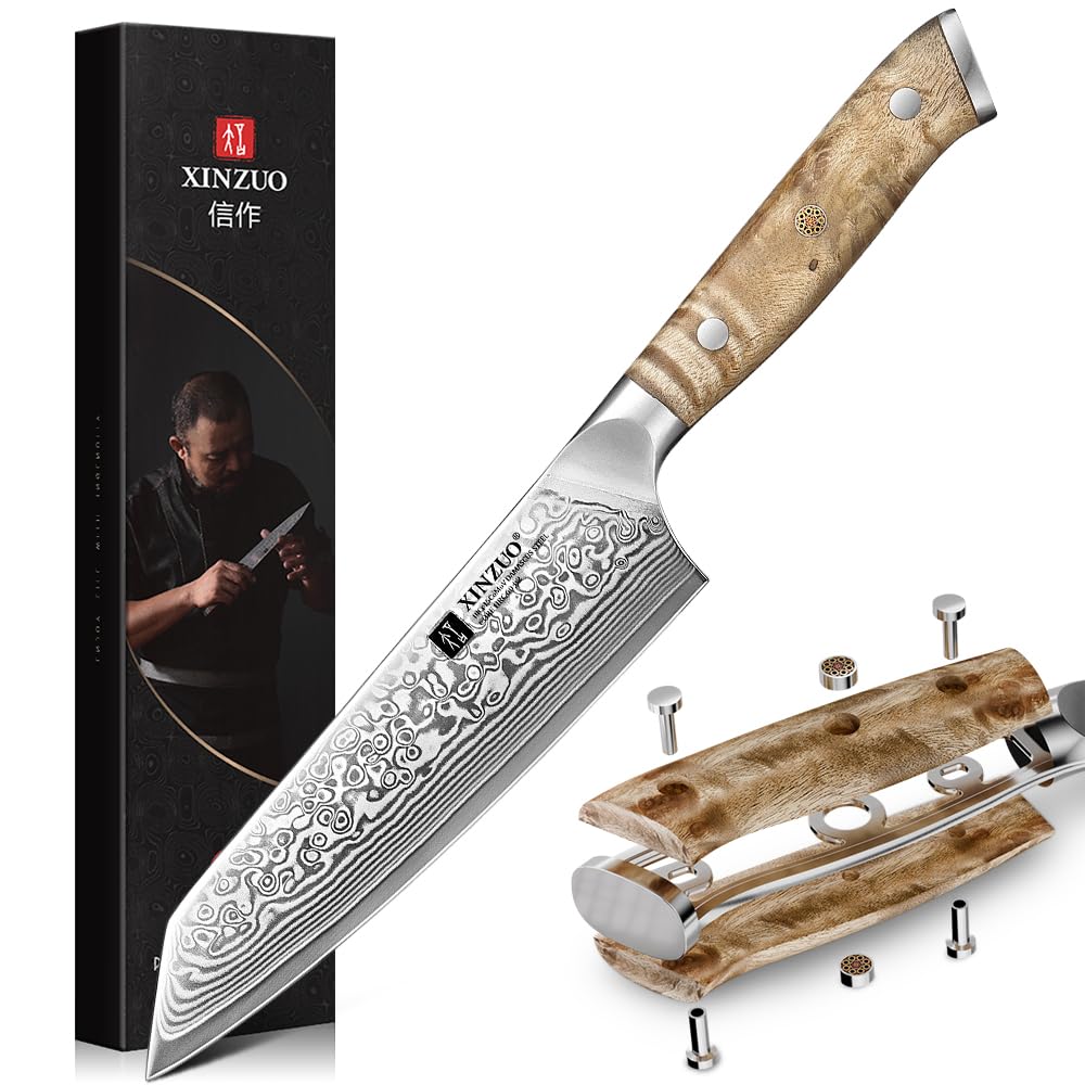 XINZUO Kiritsuke Chef Knife 5.8",Sharp Forged Damascus Stainless Steel Sharp Small Kitchen Knife,For Home & Restaurant,Full Tang Figured Sycamore Wood And Mosaic Copper Rivet Handle