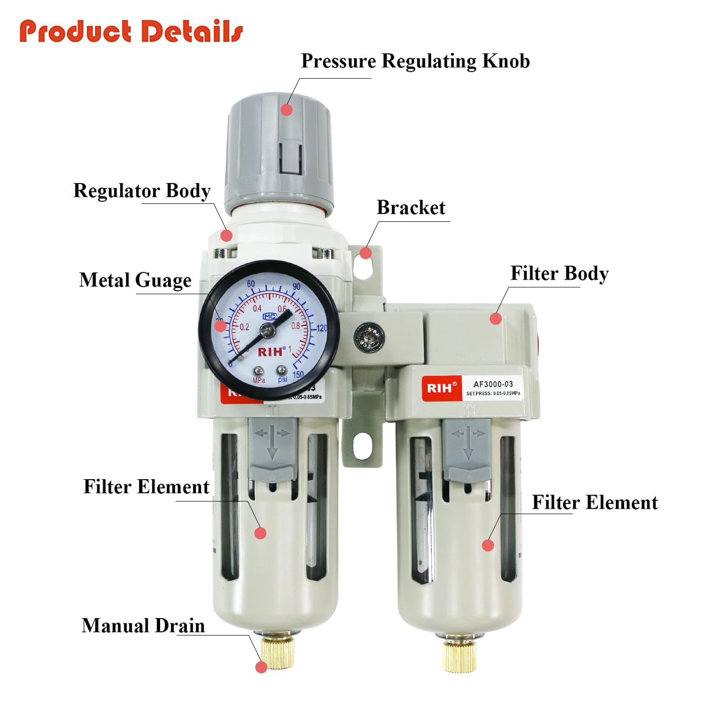 RIH Sistema di essiccazione dell'aria - 3/8 "NPT doppi filtri aria - 5 micron filtro antiparticolato e regolatore di pressione dell'aria - calibro (0-150 psi), scarico semi-automatico, ciotola in