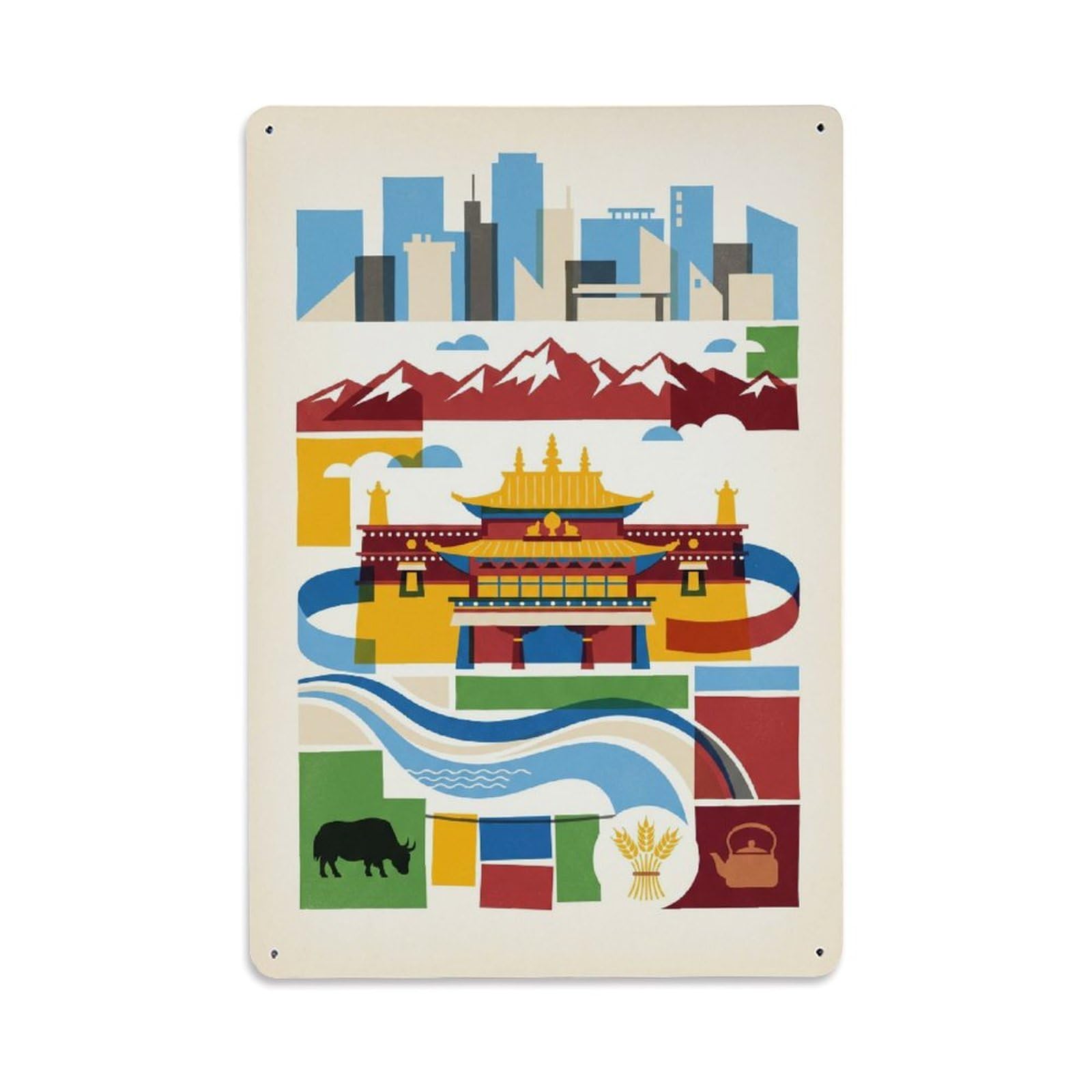 Okngb Style Heritage Chinese Xining Cityscape Icons Illustration Metal Tin Sign Plaque Wall Decor For Cafe, Man Cave, Club Bar, Office, Home Garden Round Metal Poster 8X12inch