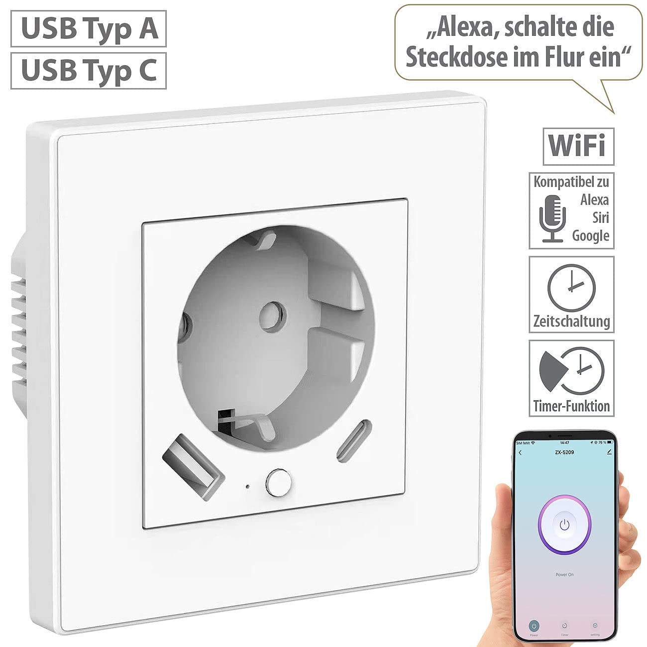 Luminea Home Control Steckdose Smart: 5er-Set WLAN-Unterputzsteckdosen mit App, je 1x USB A, 1x USB C, 2 A (Steckdose C, Netzwerk schalten, Tischsteckdose)