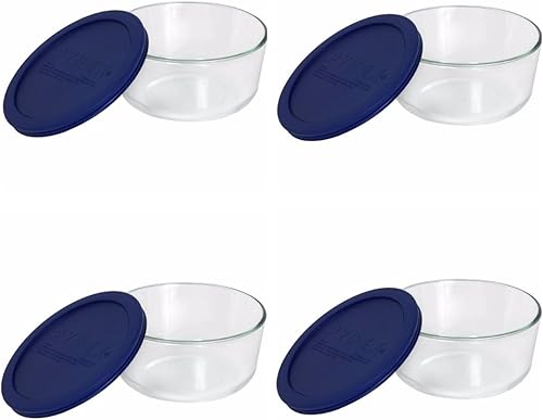 Pyrex Storage Plus - Juego de 4 recipientes redondos de cristal para almacenamiento de alimentos 7 tazas color azul