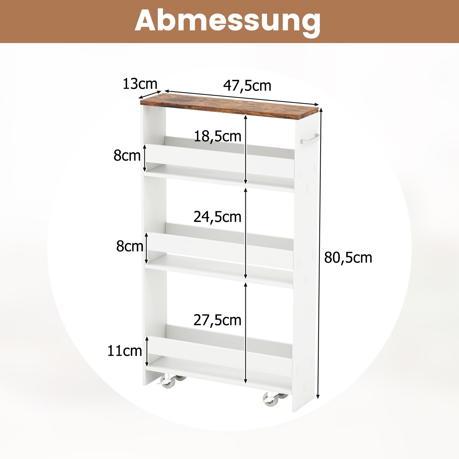 GIANTEX Nischenregal 13cm breit, Küchenregal Küchenschrank Küchenwagen, Nischenschrank Nischenwagen auf Rollen, Badregal Rollwagen Holz 4 Etagen, Schmales Regal für Küche, 47,5 x 13 x 80,5 cm