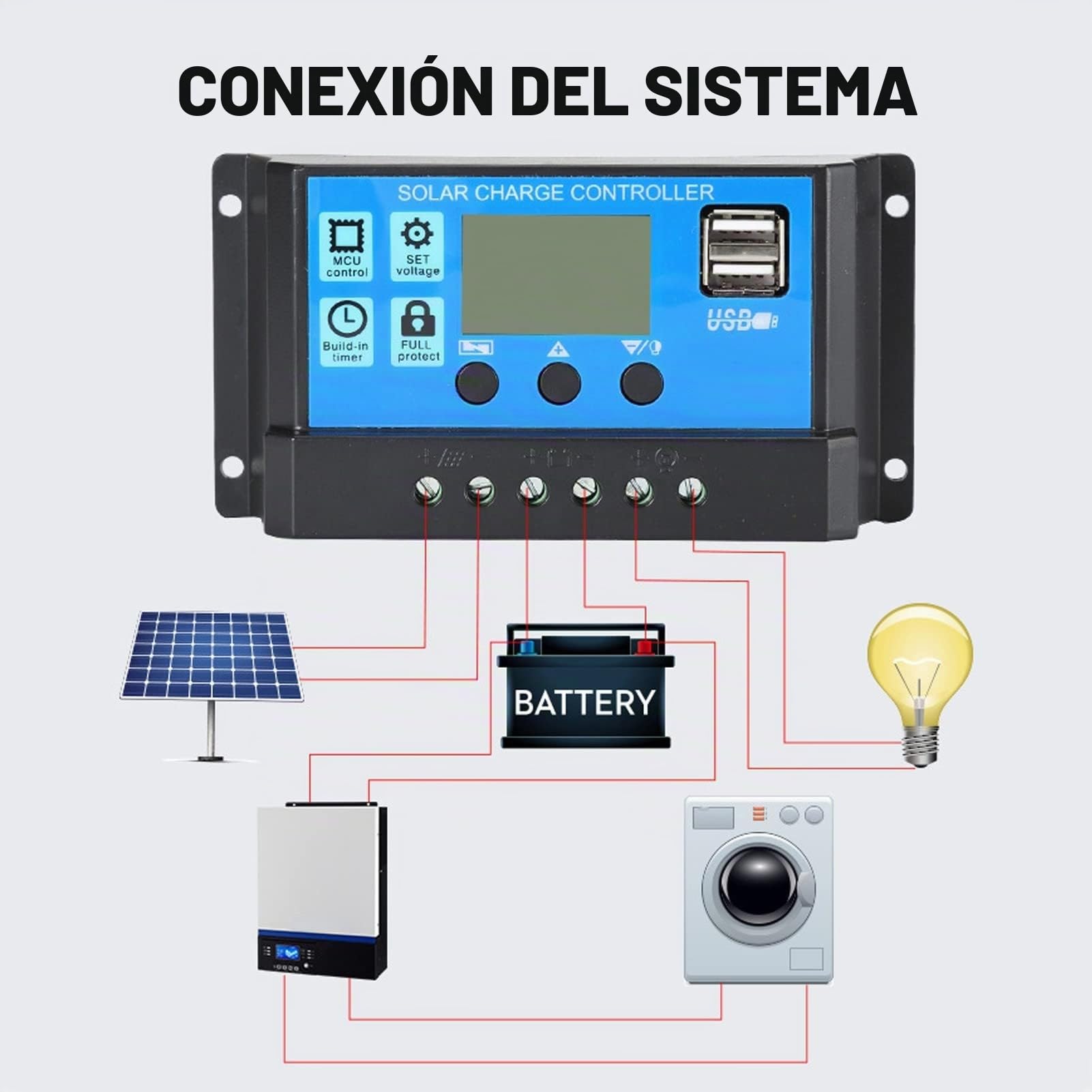 Regulador de Carga Solar PWM 12V 24V 20A Dual USB Pantalla LCD Inteligente para Panel Solar y Batería(YJSS-20A)