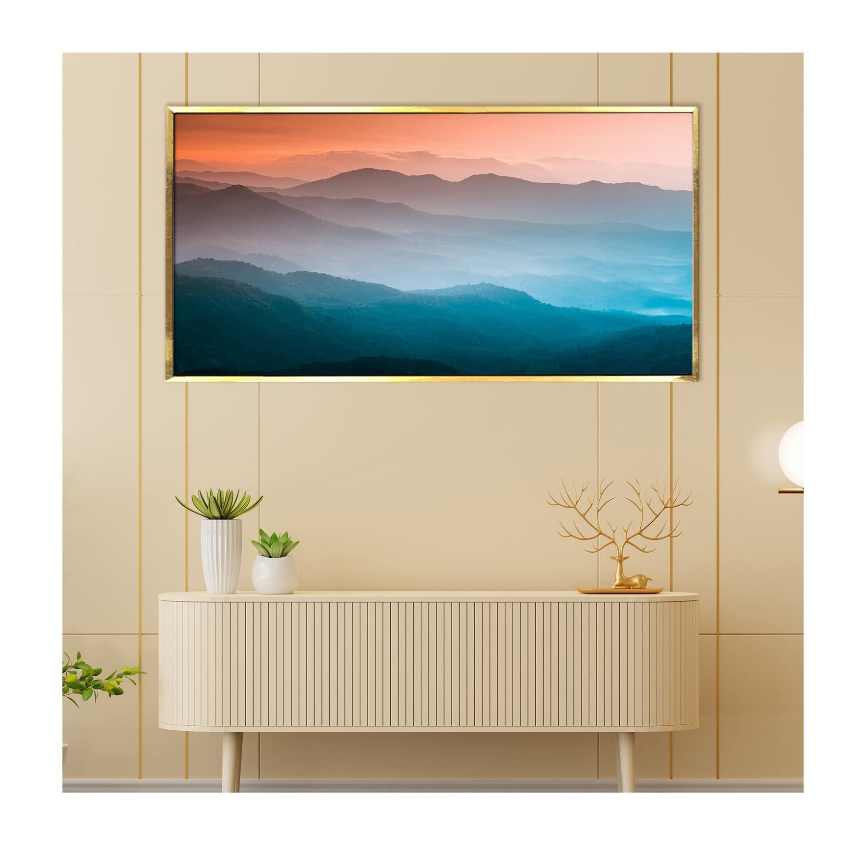 PAPER PLANE DESIGN Feng Shui Mountain Painting Vastu For Home Office Decor Canvas Framed 18x36 Inch