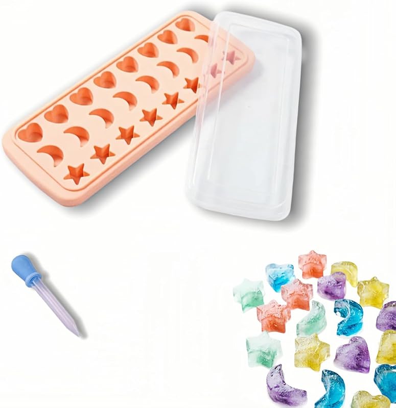 Stars, Moon and Heart Shape Ice Cube Tray with Lid, 24 Cavity Durable Silicone Mold with Dropper, Easy Release Ice Cube Tray for Freezer, Baking, Chocolate, Candy, Whiskey, Cocktail - Pink