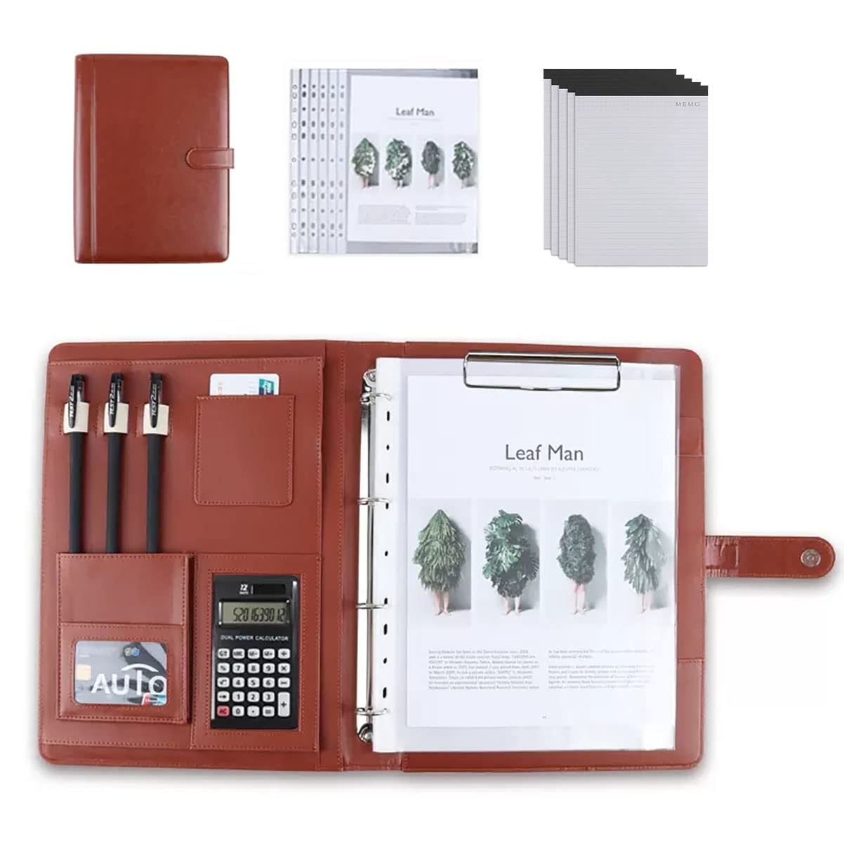 Binder e blocchetto appunti a anello rimovibile, Organizer portadocumenti in pelle PU A4 con blocco for appunti, nero e marrone, diverse misure(Brown,12 Bit+5*note pad)