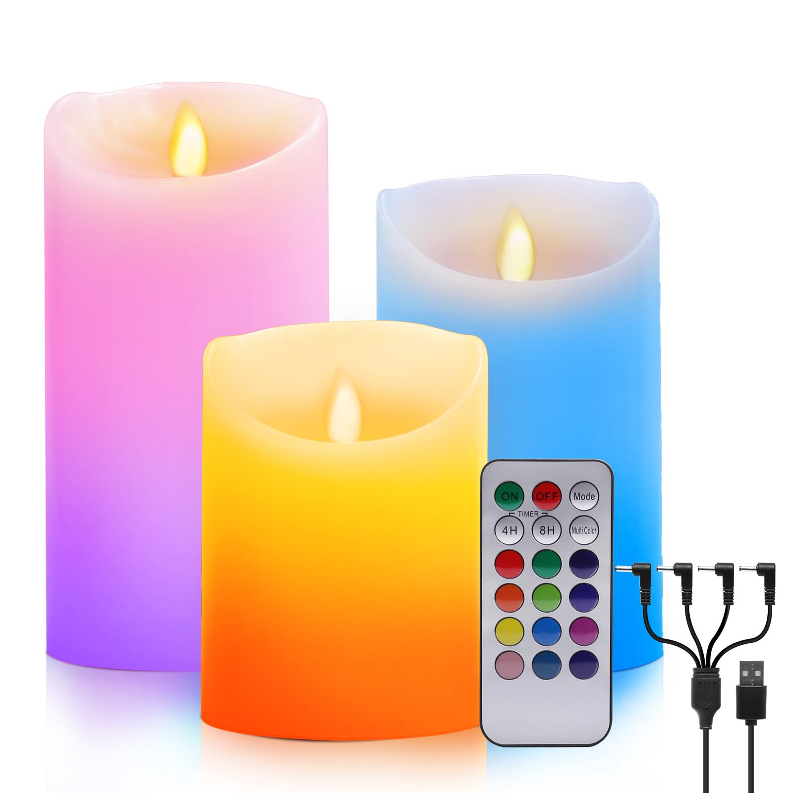 ALED LIGHT Velas LED RGB sin llama, USB Multicolor Luces LED de mecha blanca cálida Lámpara LED eléctrica de cera que parpadea con función de temporizador de control remoto Decoración del hogar