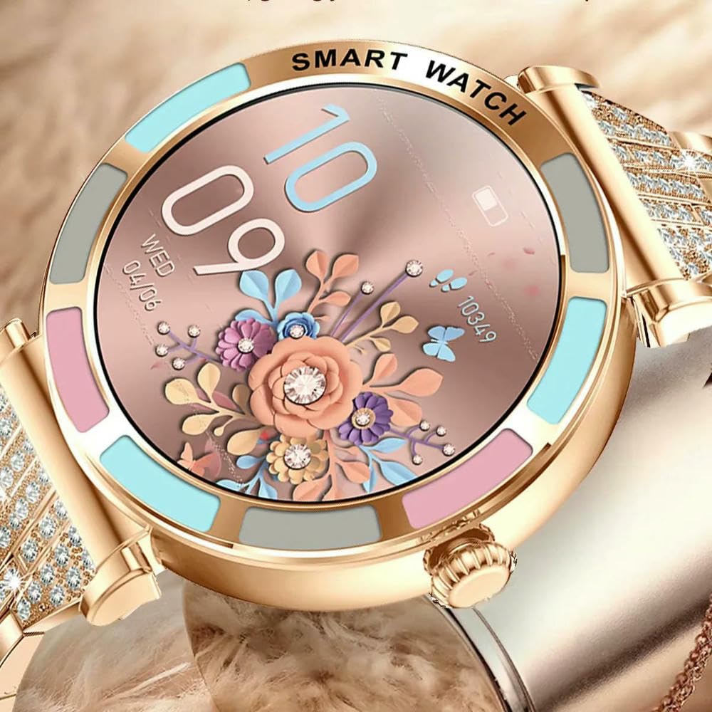 JCVBN Damski luksusowy inteligentny zegarek do ekranu HD, Bluetooth, monitorowanie zdrowia, monitor fitness, damski diamentowy smartwatch