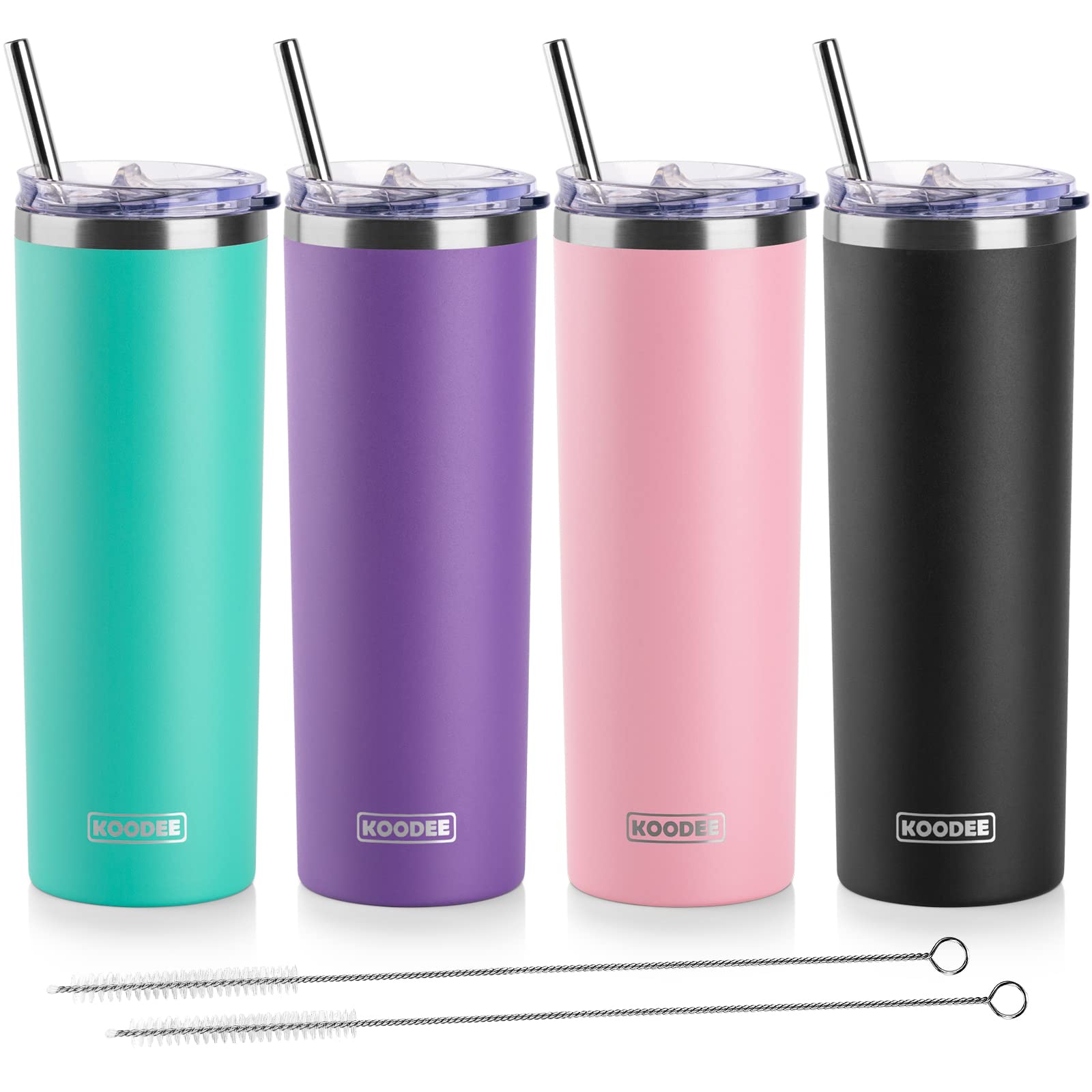 Koodee Trinkbecher aus Edelstahl, doppelwandig, isoliert, mit 4 Deckeln, 4 Trinkhalmen und 2 Strohhalmbürsten, 4 Stück