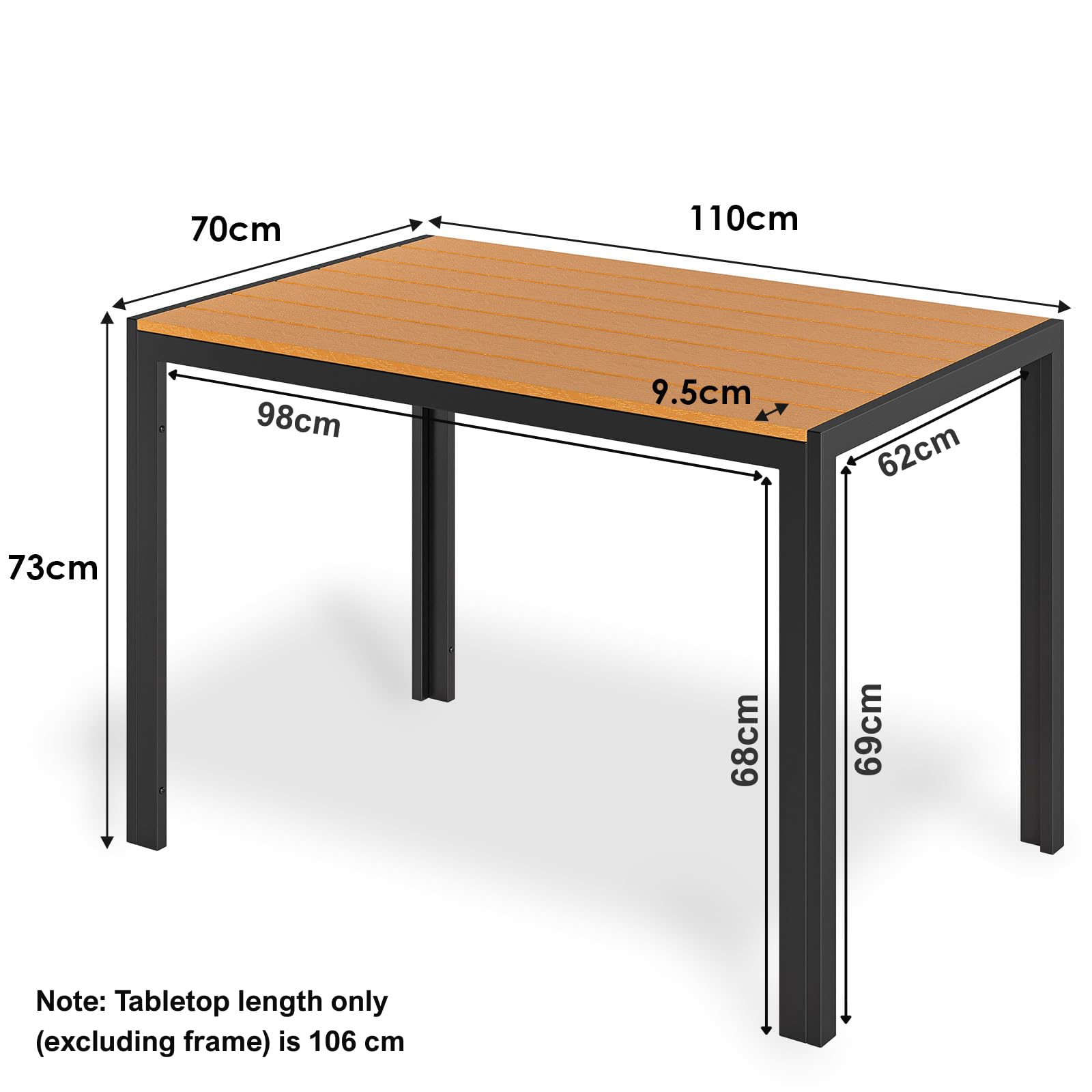 LIFERUN Gartentisch Aluminium, 110x70cm WPC Balkontisch Wetterfest, Rechteckiger Terrassentisch, Rutschfester Esstisch Outdoor, Brettbreite 9cm, Teakbraun