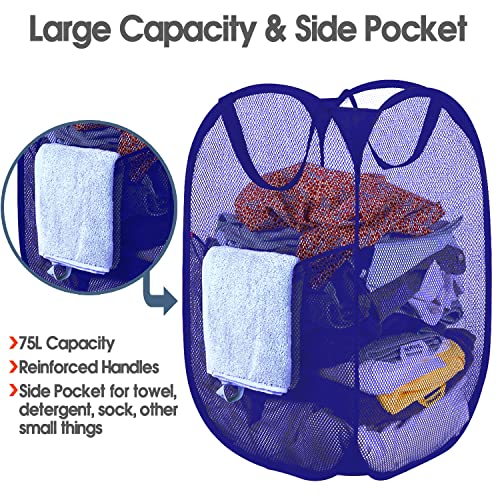 Image of BATTOO Deluxe Strong Mesh Pop up Laundry Hamper Basket with Side Pocket Foldable Hamper for Laundry Room, Bathroom, Kids Room, College Dorm or Travel Royal Blue