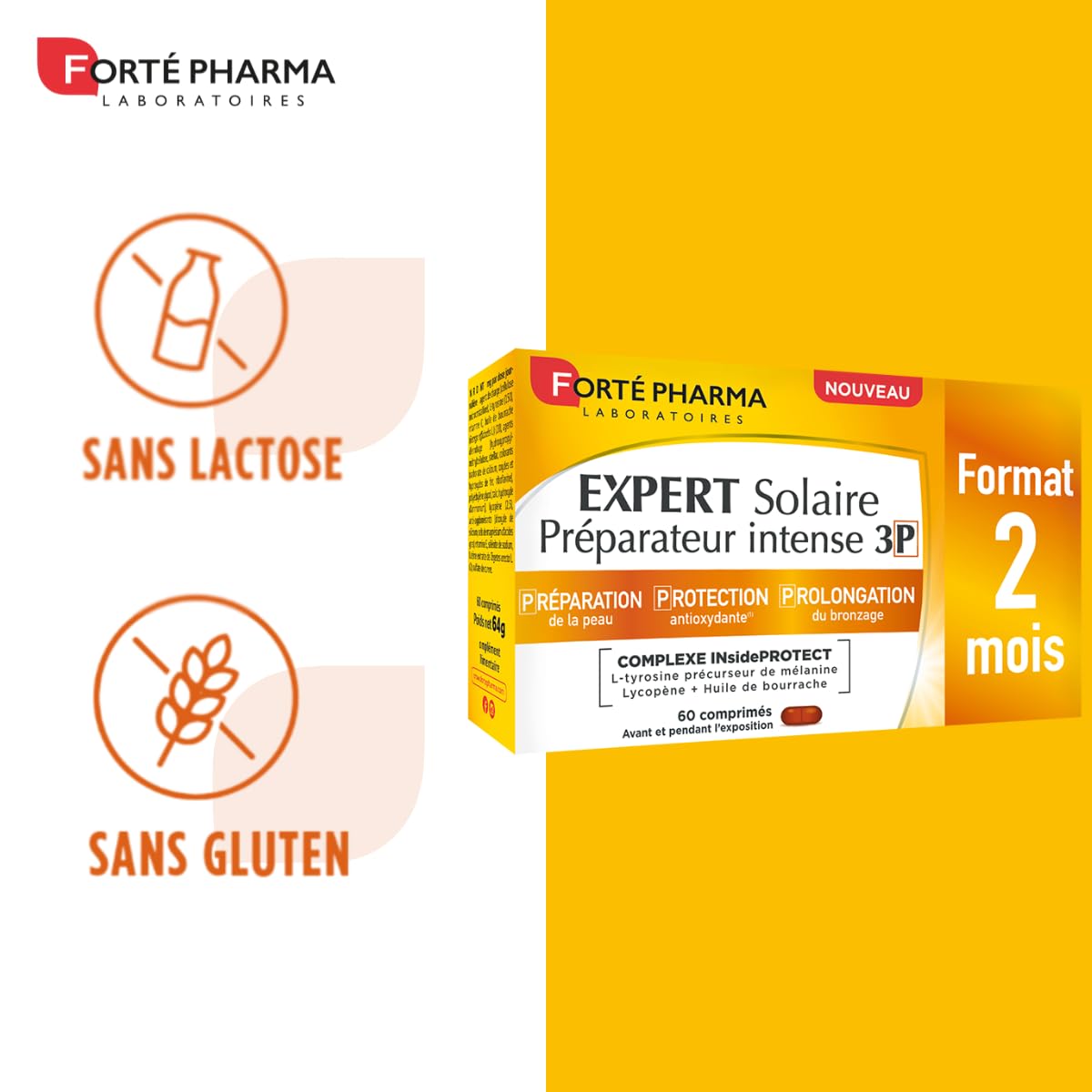 Forté Pharma - Expert Solaire Préparateur Intense 3P - Complement alimentaire bronzage 3en1 - Préparateur solaire Protège Prolonge - Sélénium, L-tyrosine, Caroténoïdes, Cuivre - 60 comprimés, 1/jour