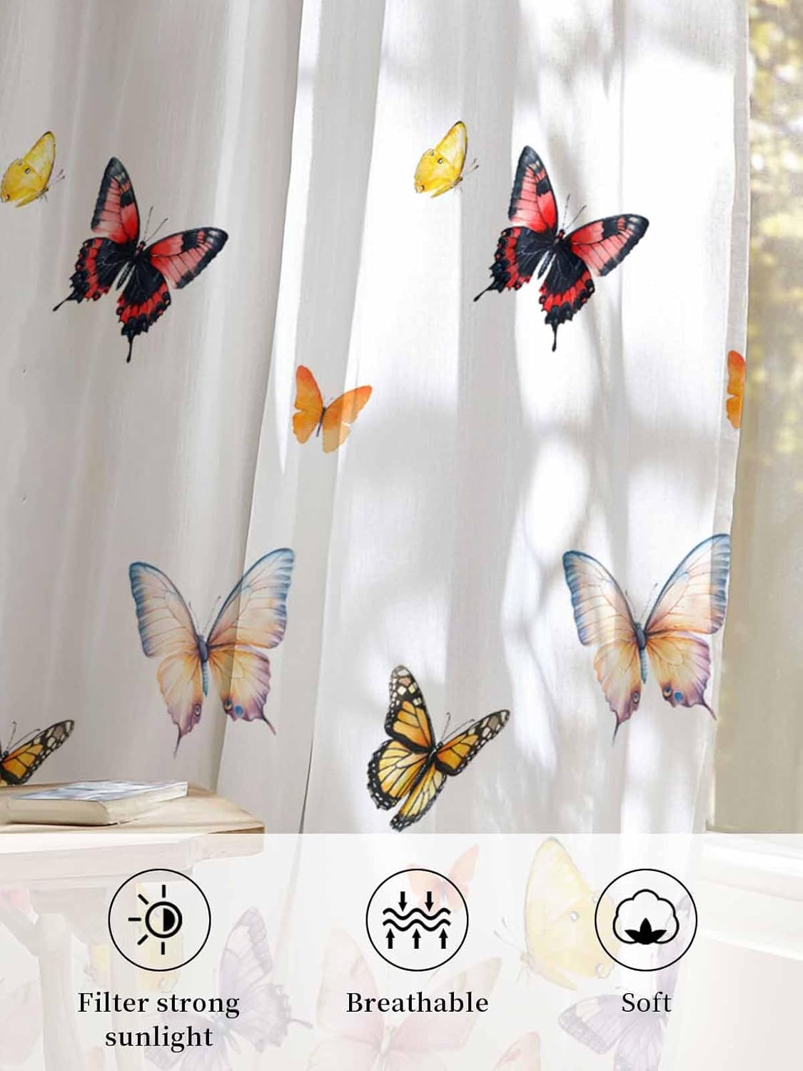 Butterfly Sheer Curtains 84 Inch Long 2 Panels, Retro Country Summer Colorful Butterfly Nature Light Filtering Window Sheer Curtains, Rod Pocket Voile Drapes for Living Room Bedroom, 52”x84”