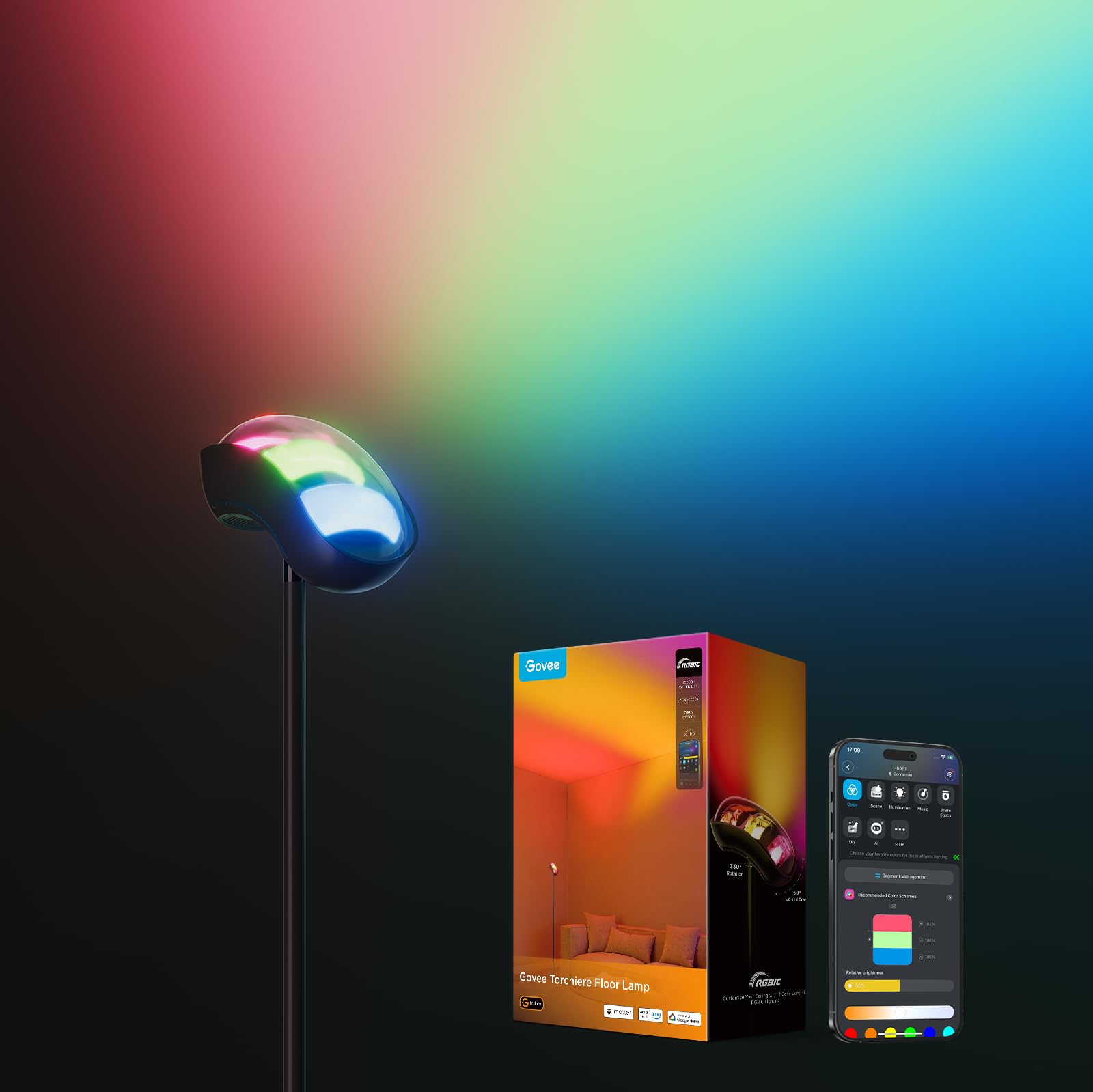 Govee Torchiere Lampara de Pie LED, RGBWWIC Lámpara con Control 3-Zonas, Compatible con Matter Alexa, 77 Escenas & Sinc Musical, 170 cm Lampara Negro para Sala de Estar, Dormitorio e Techo