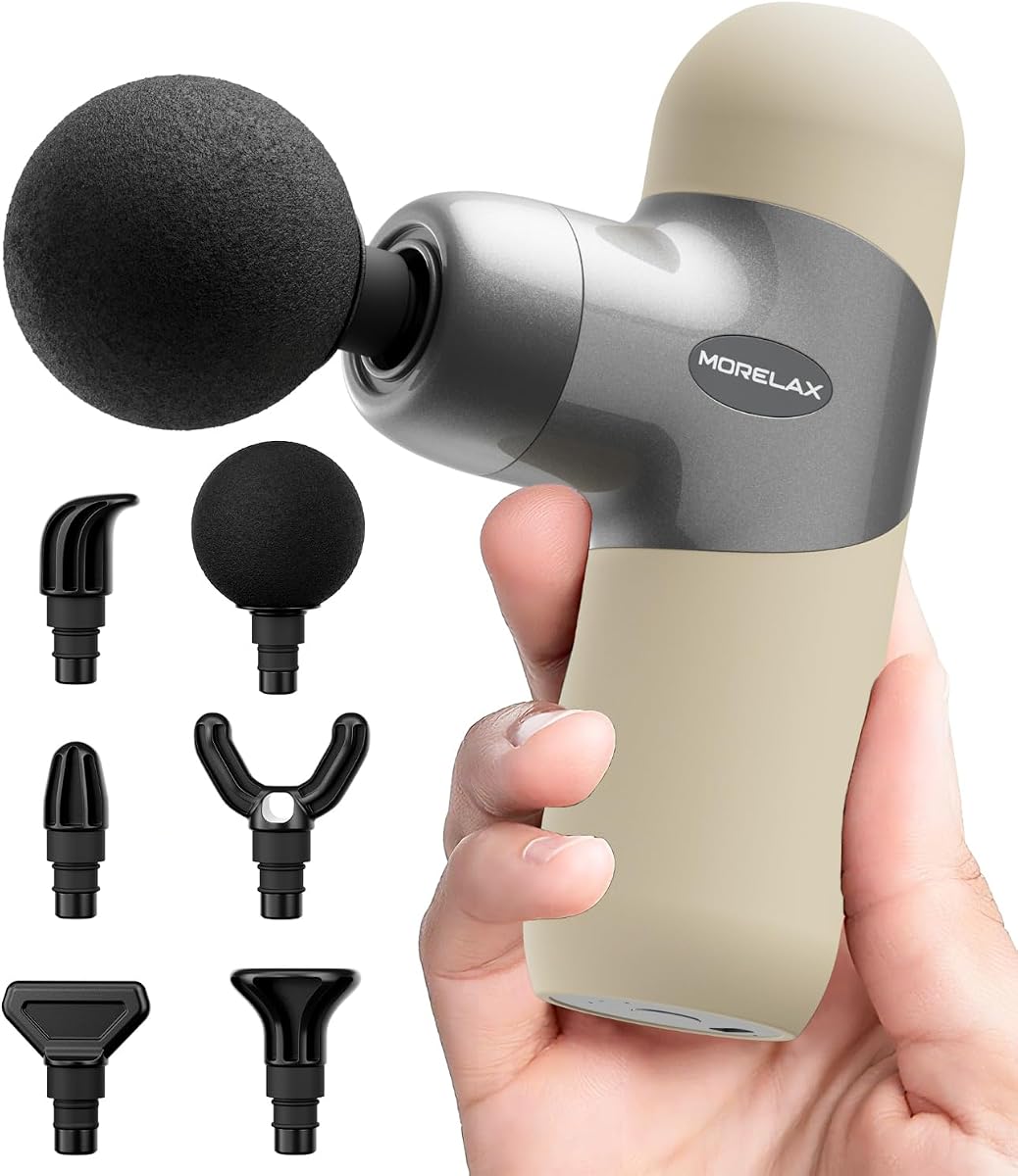 Mini Massage Gun Deep Tissue, Portable Percussion Muscle Massager for Whole Body Pain Relief, Electric Handheld Sport Massager with 6 Massage Heads 4 Speed, Best Gift (Silver Beige)