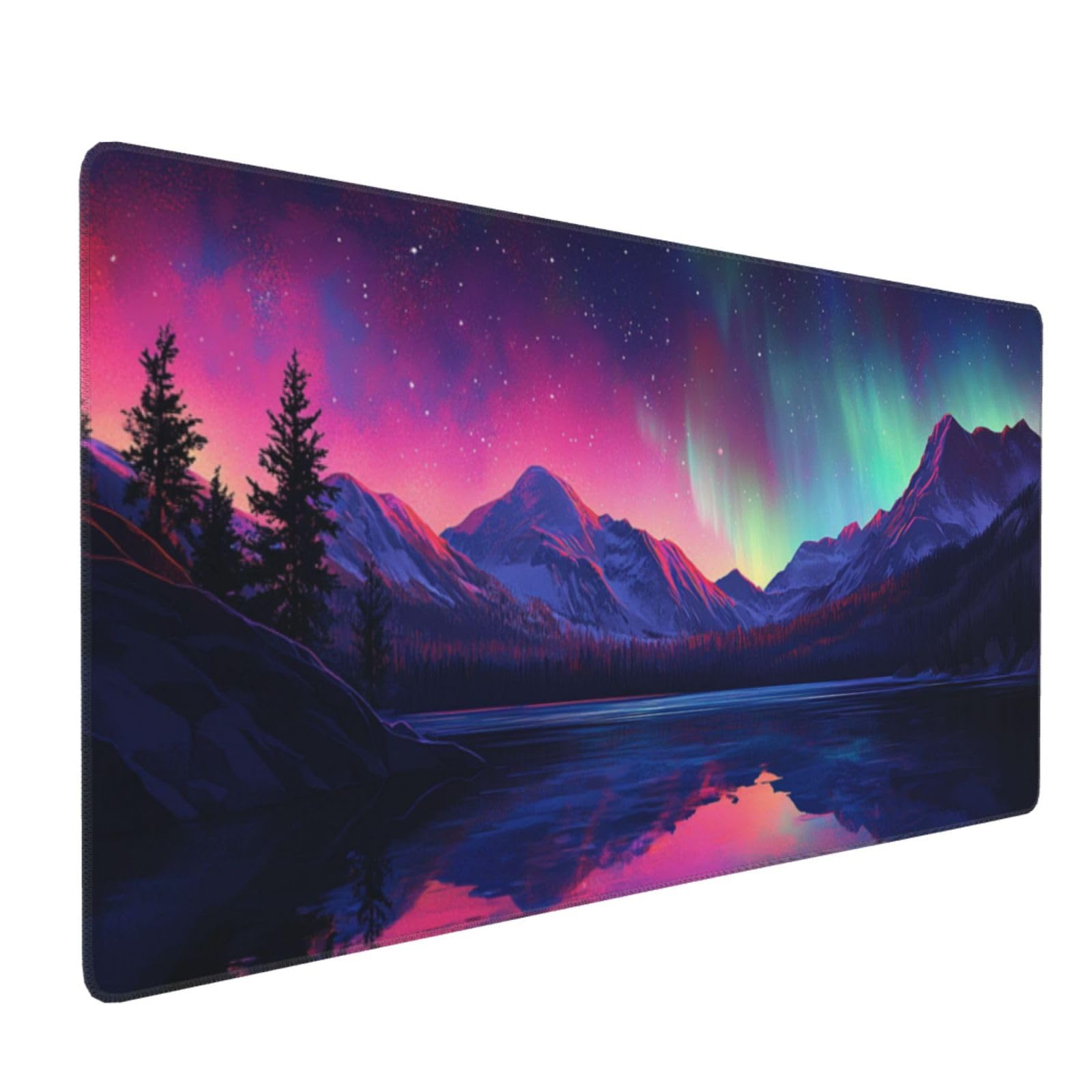 Tappetino Mouse XXL Aurora & Lago, 100 x 50 cm Tappetino da Scrivania G402 | Tappetino per Mouse, Base in Gomma Antiscivolo, Superficie Impermeabile, Bordi Cuciti, Tappetino Scrivania per Ufficio, Gioco
