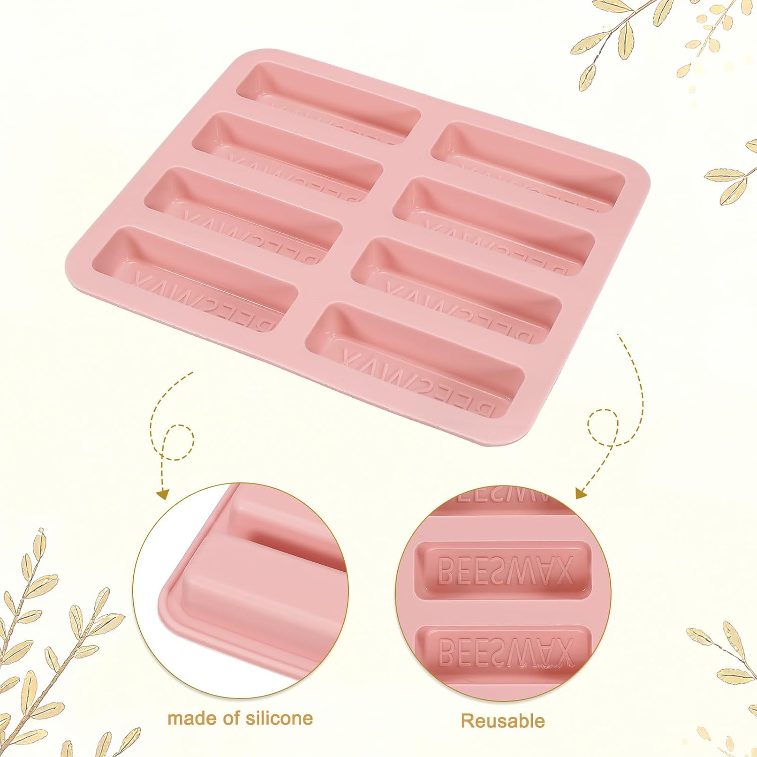 MECCANIXITY Beeswax Candle Mould, 8 Grids Beeswax Bar Mould Makes 8 x 2.8oz Reusable Easy Release Bees Wax Module for Wax Candle Making Butter Candy Chocolate Soap, Pink image 3