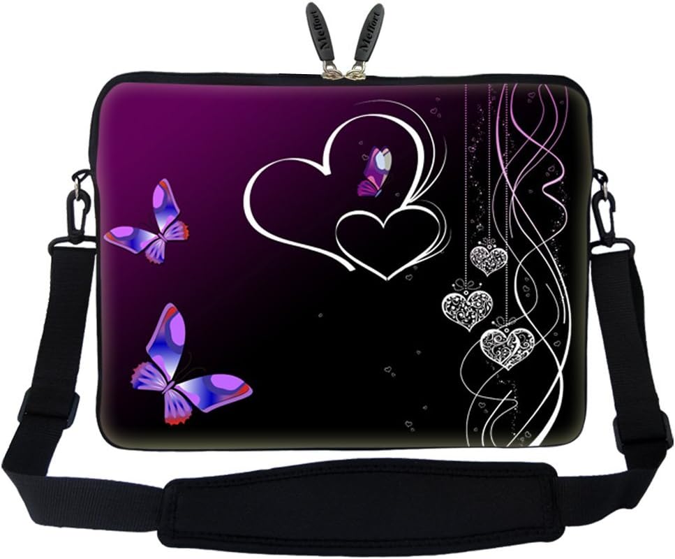 Meffort IncMeffort Inc 14 14.1 Inch Neoprene Laptop Sleeve Bag Carrying Case with Hidden Handle and Adjustable Shoulder Strap (Purple Butterfly Heart)