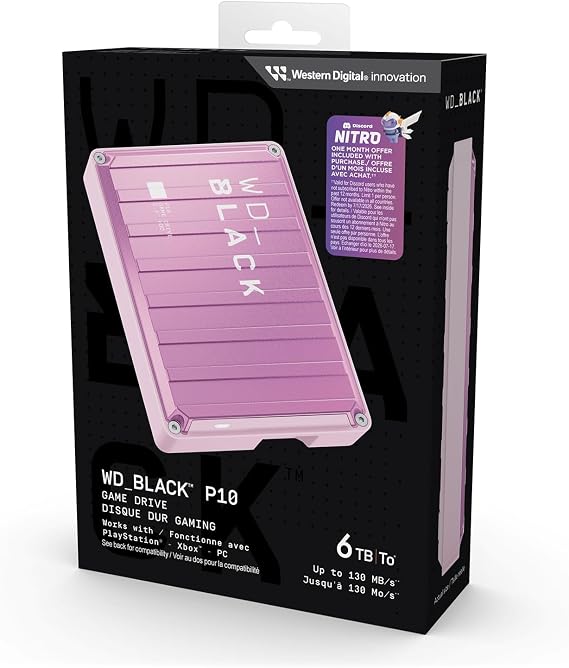 WD_BLACK P10 Game Drive 6TB External Hard Drive (Mobile and Robust High Performance Hard Drive for Console and PC Store up to 150 Games with 1 Month Membership to Discord Nitro) Pink