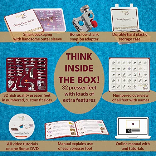 Madam Sew Presser Foot Set 32 Piece Set | The Only Sewing Machine Presser Foot Kit With Manual, Dvd & Deluxe Storage Case | Numbered Slots For Organization | Compatible With Most Sewing Machines #TOP1