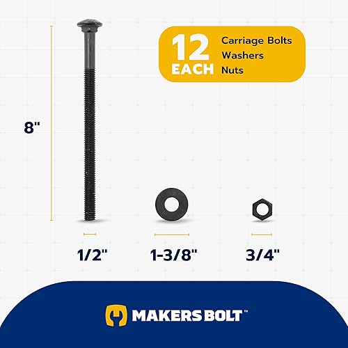 Miniatura 28 de El kit de pernos negros de carro de 1/2 pulgada x 10 pulgadas incluye 12 pernos, 12 arandelas y 12 tuercas, revestimiento de cerámica negra Ruspert