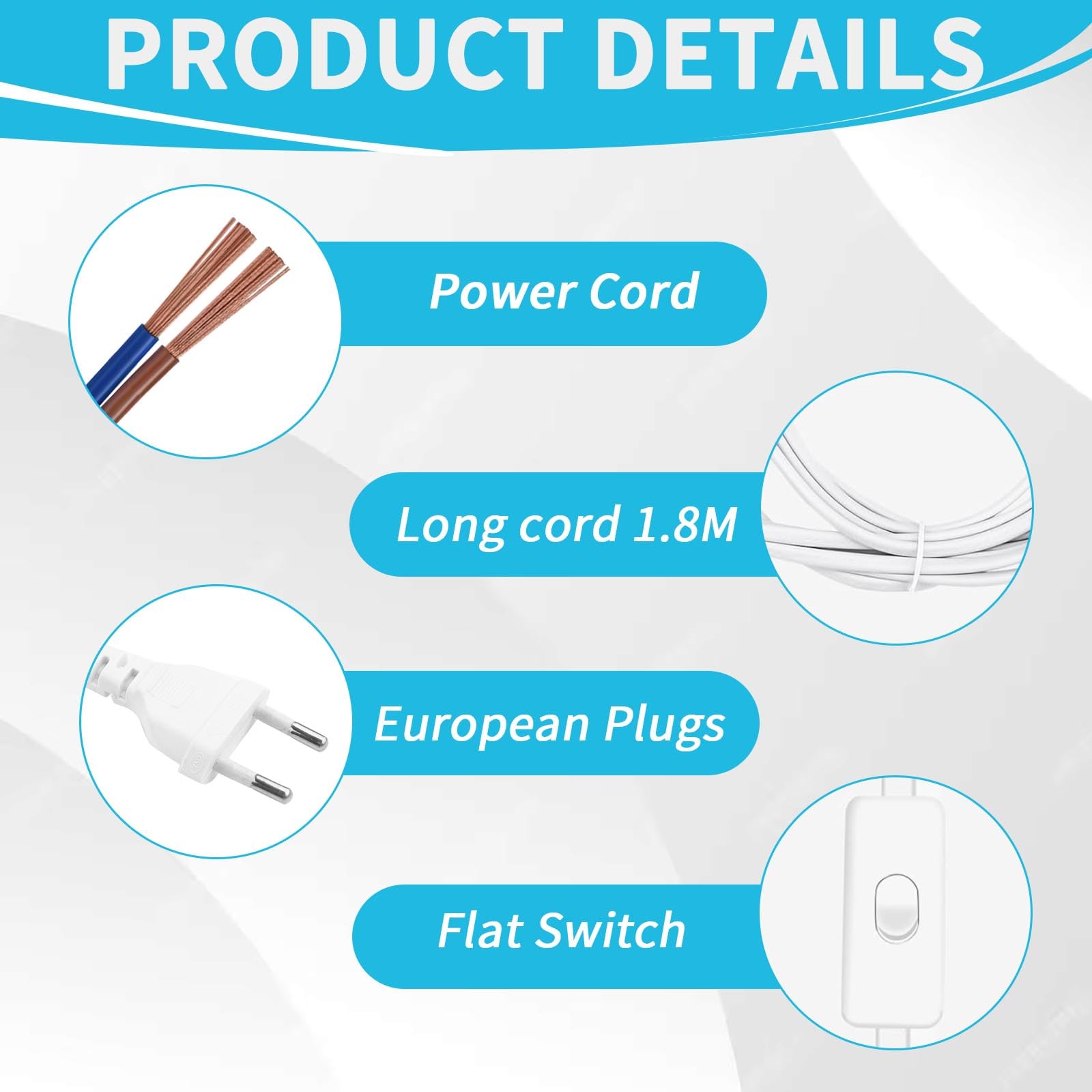 TXErfolg Lot De 3 Cordons D'Alimentation Avec Interrupteur 1,8m - Câble Électrique Euro Fiche 2x0,75mm² Pour Lampes Et Lampadaires (Blanc)