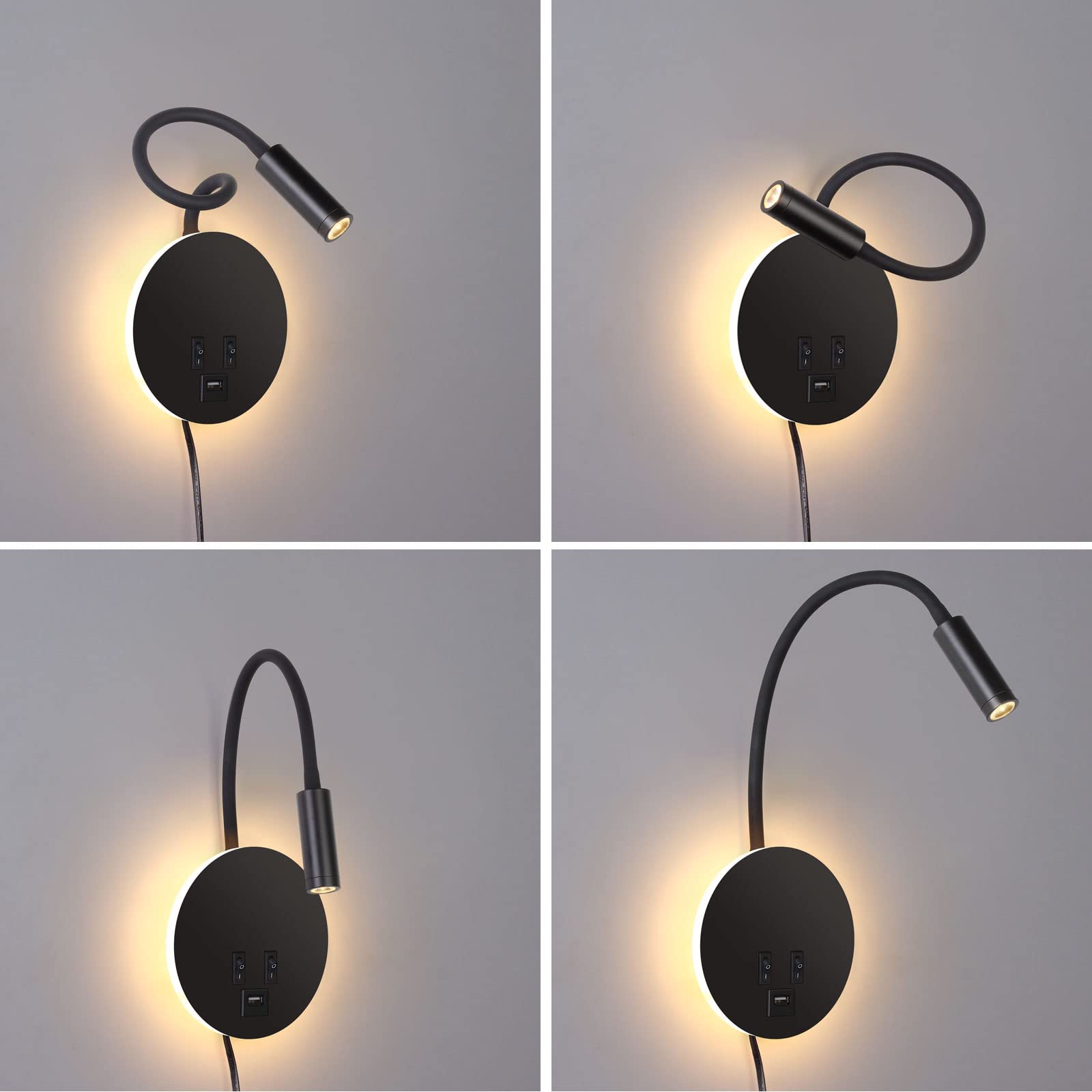 ERWEY Lámpara de lectura para cama, lámpara LED de 3 W + 8 W con interruptor y carga USB, cuello de cisne giratorio 360° con enchufe y cable para dormitorio, Negro