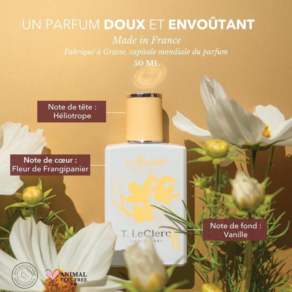T.LeClerc - Parfum Poudré 50ML - Frangipanier - Eau de parfum Femme - Fleur de Frangipanier, Vanille, Musc - Longue Tenue - Fabriqué en France à Grasse