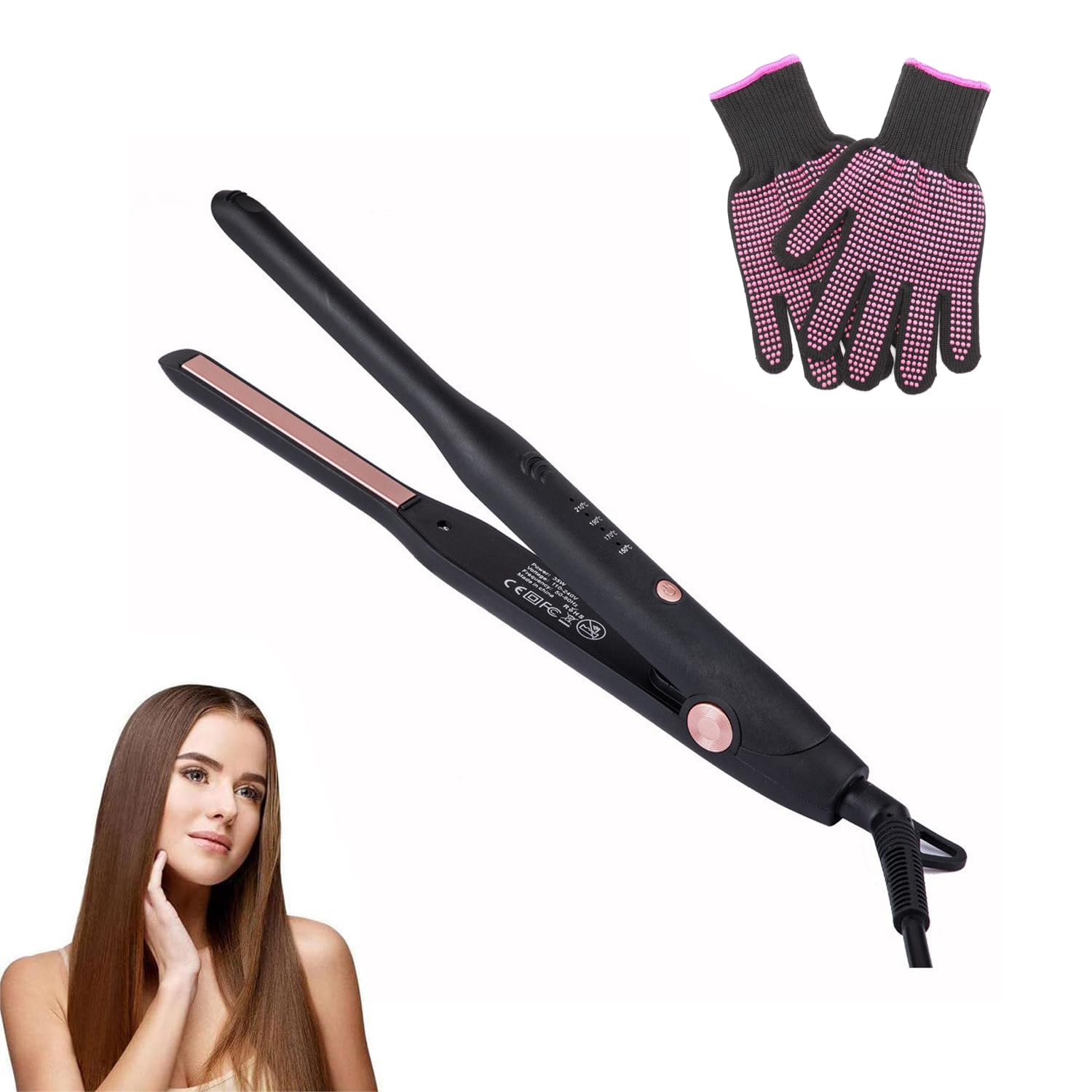Hair Straightener - 2 in 1 9mm Small Pencil Straighteners with Gloves, Fast Heating, Anti-Scald 4-Level Straightener for Women Men, Straight Hair and Curly Hair (Black)