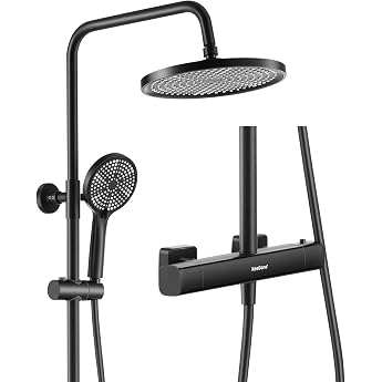 Shower System with Thermostat Stainless Steel Rain Shower 25 cm Hand Shower 3 Jet Types Shower Fitting Complete Set Height Adjustable with Anti-Scalding Protection Water Saving Easy to Install