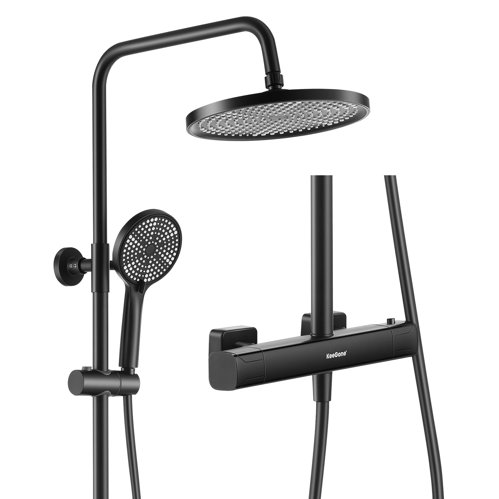 Duschsystem mit Thermostat Edelstahl Regendusche 25cm Handbrause 3 Strahlarten Duscharmatur Komplettset Höhenverstellbar mit Anti-Verbrühungsschutz Wassersparend Einfach Installieren