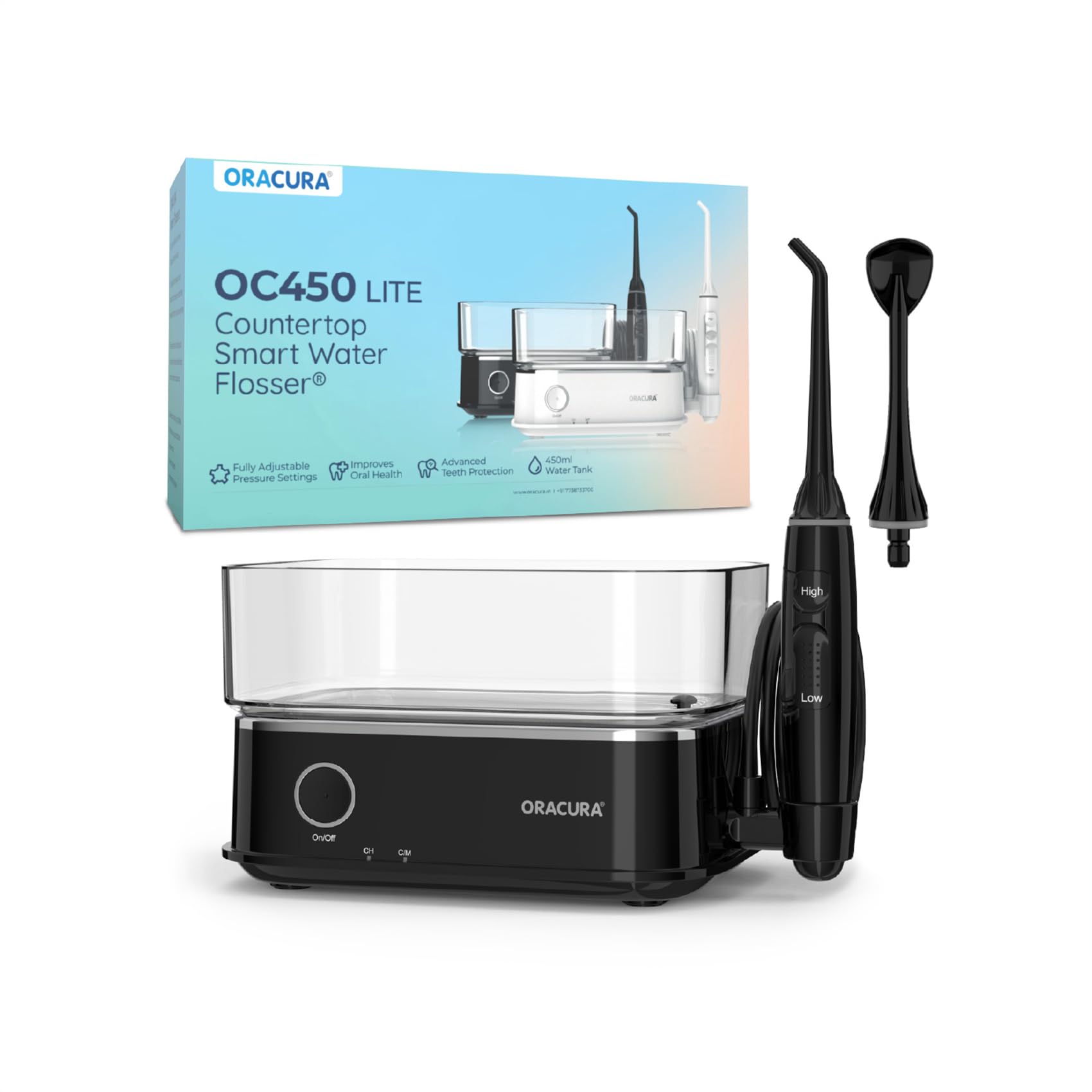 ORACURA® OC450 LITE Countertop Smart Water Flosser® Black | 365 Days Warranty | Adjustable Water Pressure Settings | 450ml Water Tank | Rechargeable | 30-Day Battery Life | 2 Nozzle Tips