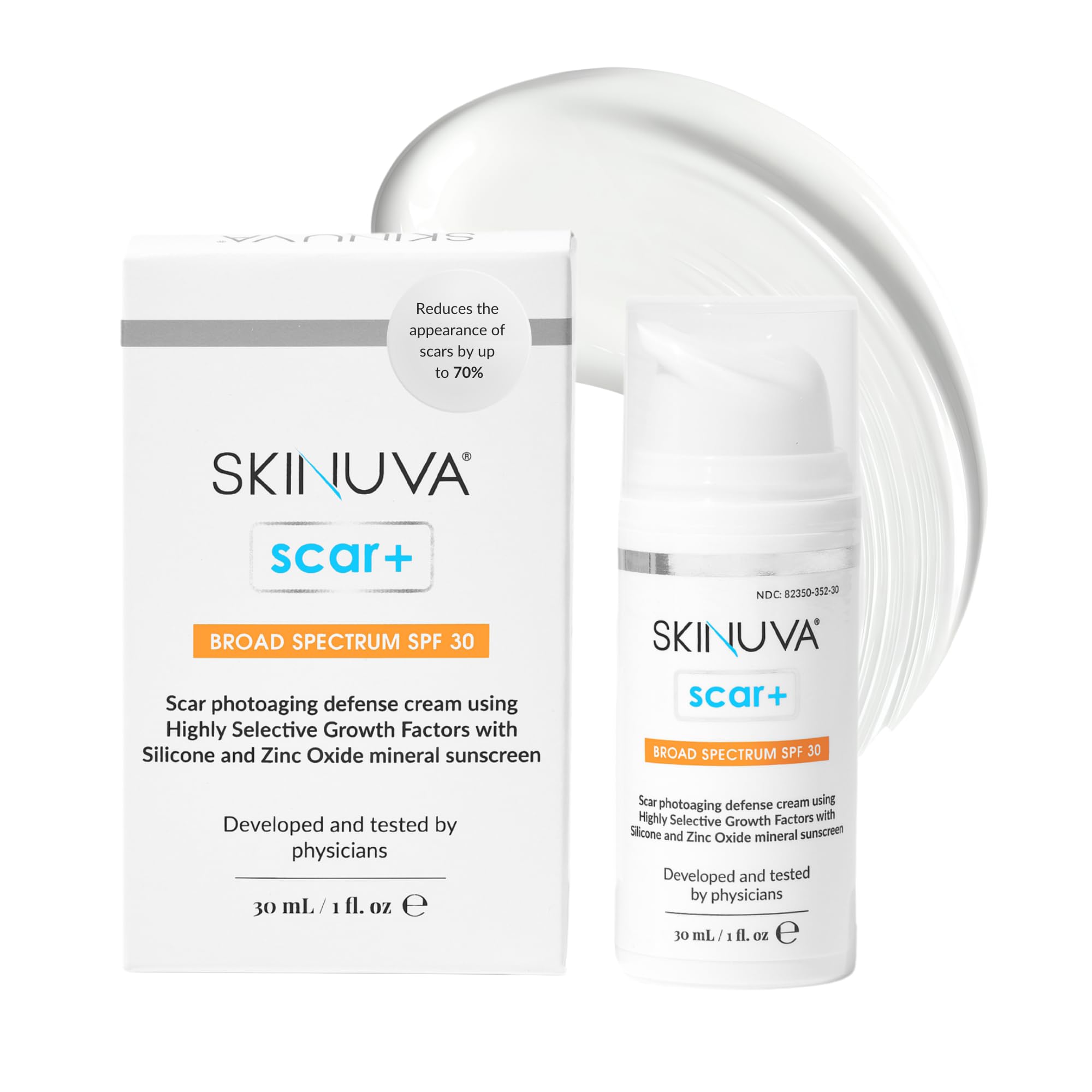Skinuva® Scar+ Cream with SPF 30 for Face & Body - Old & New Scar Treatment for Surgery, Burns & Other Skin Trauma (1 oz)