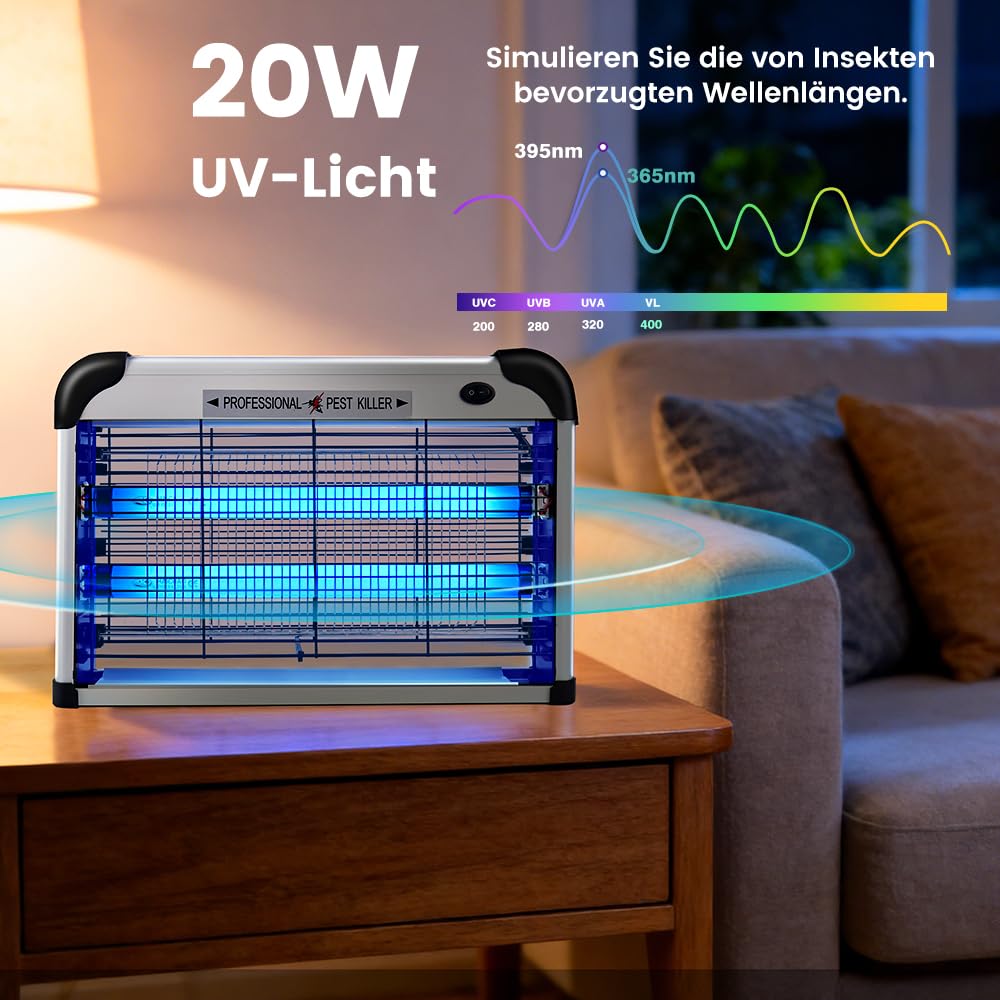 Zanzariera elettrica 3500 V con lampada UV da 20 W, trappola per zanzare elettrica con griglia di sicurezza per casa, camera da letto, ufficio, terrazza, giardino