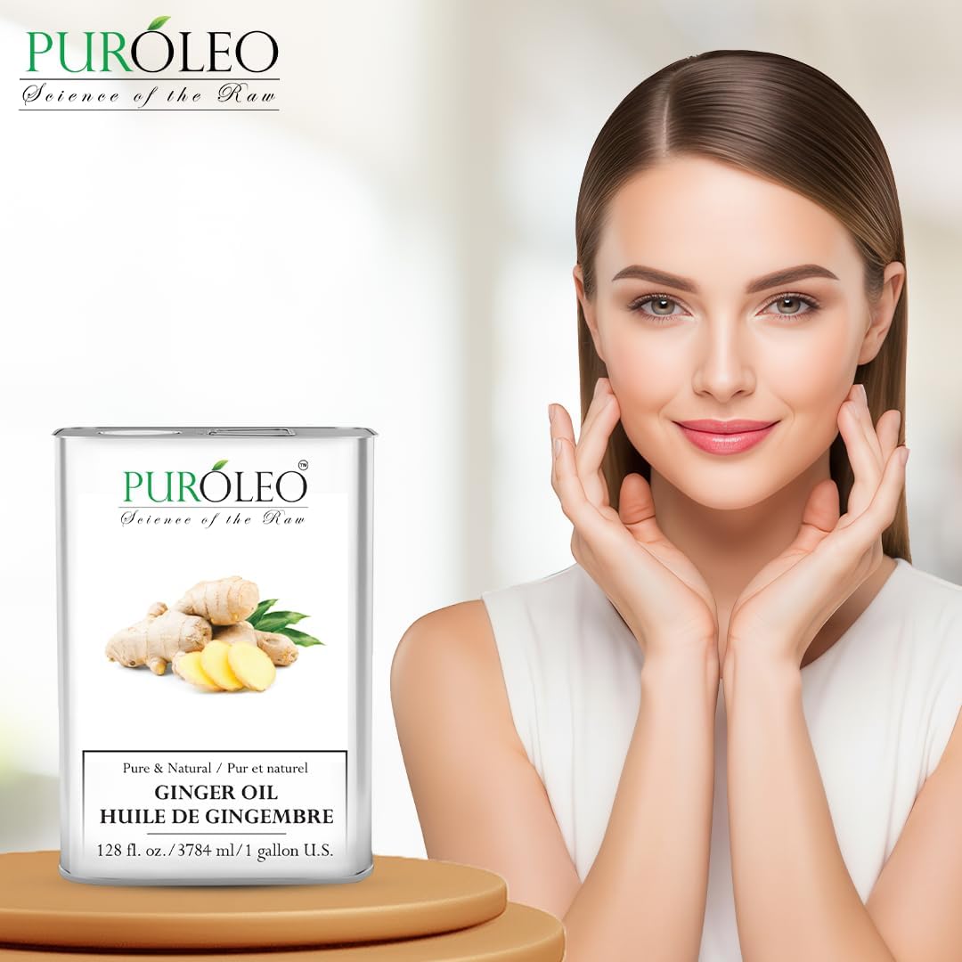 PUROLEO Ginger Essential Oil 128 Fl Oz/3785 ML (Made in Canada) Pure, Natural and Authentic Aromatherapy Oil for Diffuser, Massage and DIY Blends - Soothes, Calms and Energizes