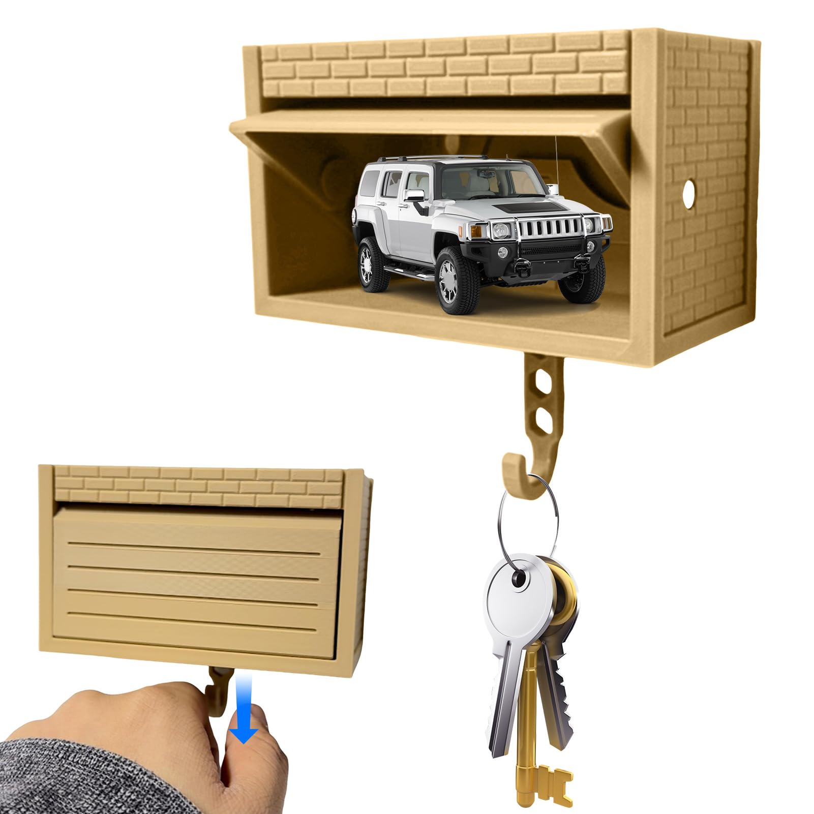 YESBAY Car Garage Key Holder with Opening Door, 3D Key Garage Key Holder for Wall, Small Key Organizer Wall Mount for Car Enthusiast (Khaki)