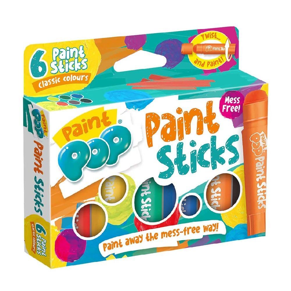 Paint Pop Paint Sticks For Kids - 6 Pack Classic Assorted Colours - Twist & Paint, Mess-Free, Fast Drying Action, Easy Clean Up, Vibrant Colours, Multi-Surface