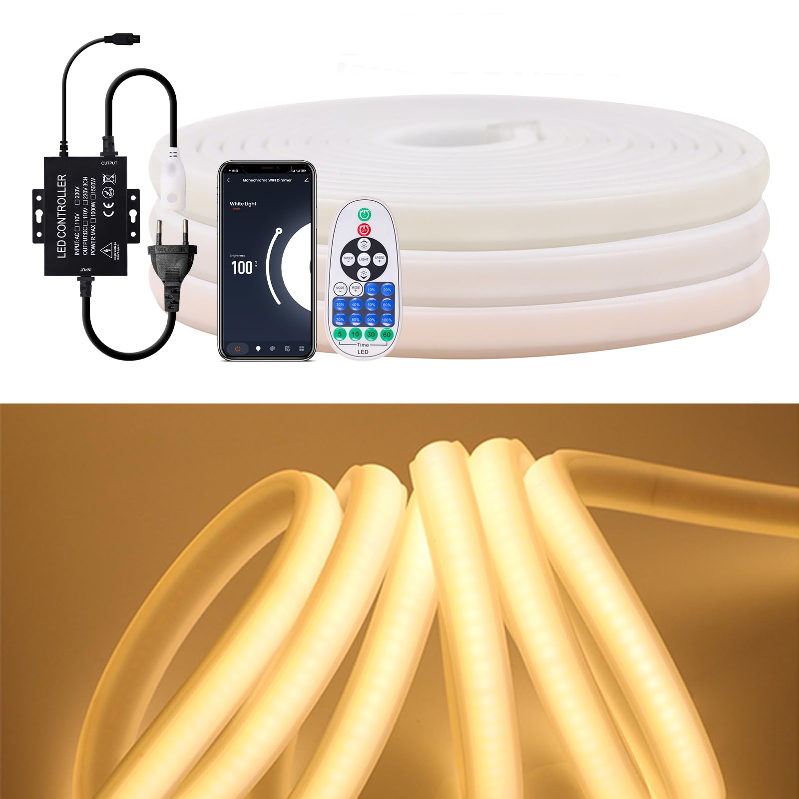 KISUFU Tira de LED COB 220V, IP65 Impermeable 288 LEDs/m Tira Neón Luces Flexible Cada Corte de 50cm, Tira de LED COB con WiFi 1500w 23 teclas ir dimmer monocromático para dormitorio, cocina.