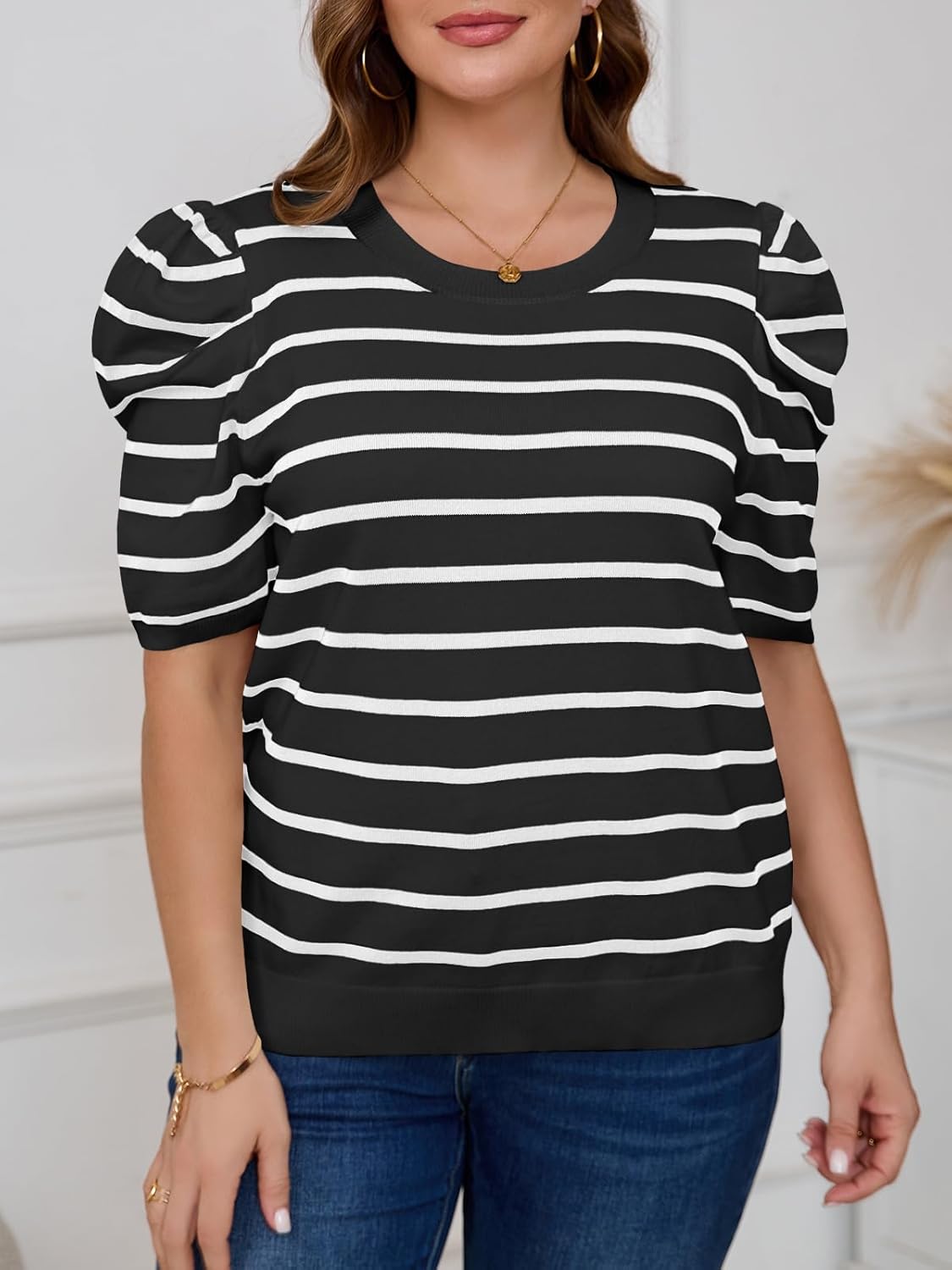 Beautife Womens Plus Size Short Puff Sleeve Sweater Tops Lightweight Striped T Shirts Summer Casual Crew Neck Knit Pullover - Image 2