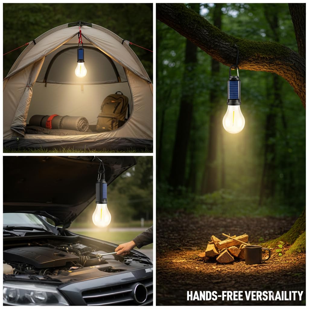 Lot de 4 lampes solaires LED de camping, lanternes de tente d'extérieur rechargeables avec crochet à clip, lumière d'urgence pour camping, randonnée, maison, pannes de courant, pêche et cadeaux