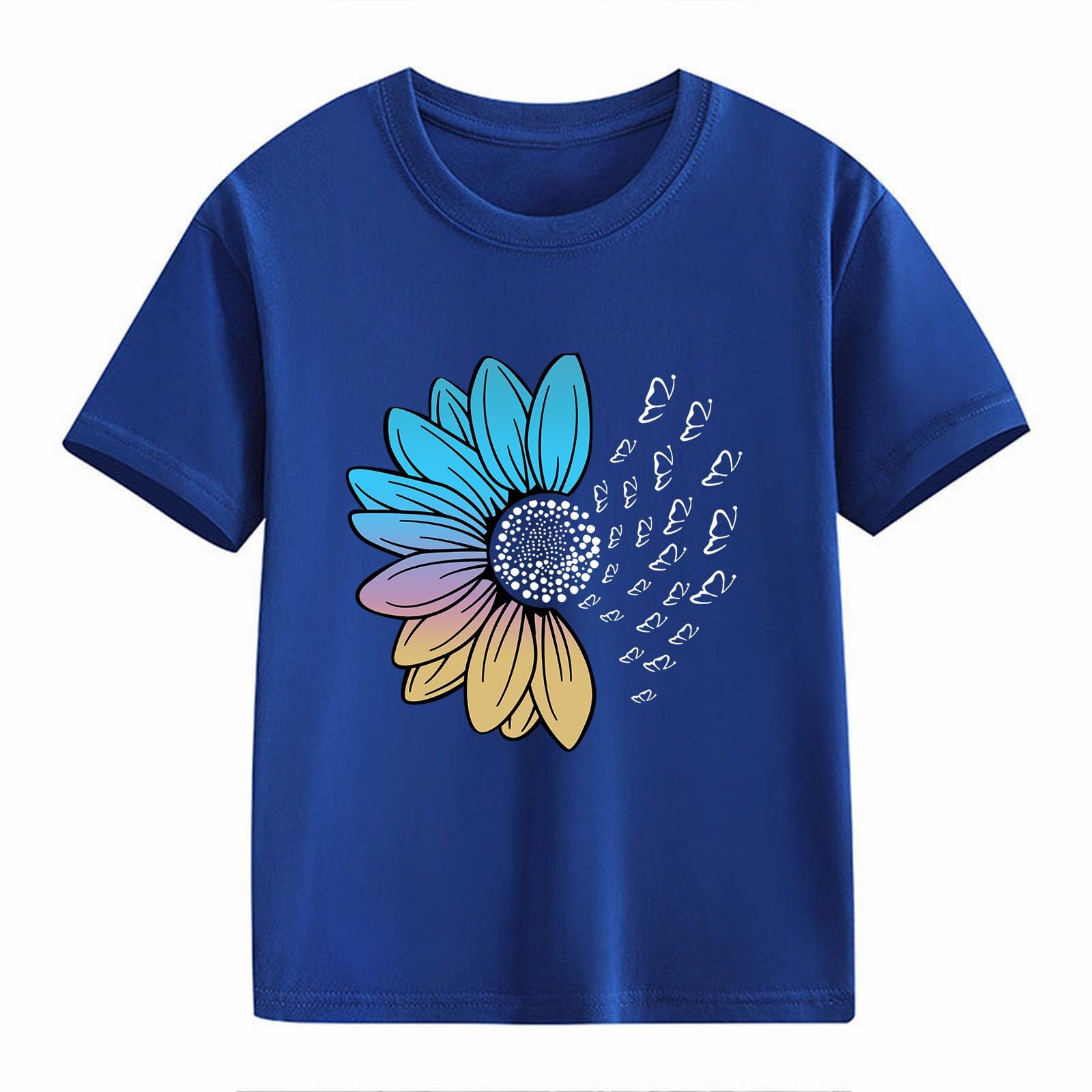 Girls Floral T Shirts Short Sleeve Crewneck Cute Loose Fit Athletic Summer Tee Tops Teenager School (Blue, 10-11Years)