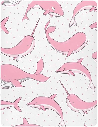 Miniatura 2 de Kigai Sábana bajera ajustable para cuna para niños y niñas, ballenas rosadas, suave, transpirable, unisex, para colchones estándar de cuna y niños