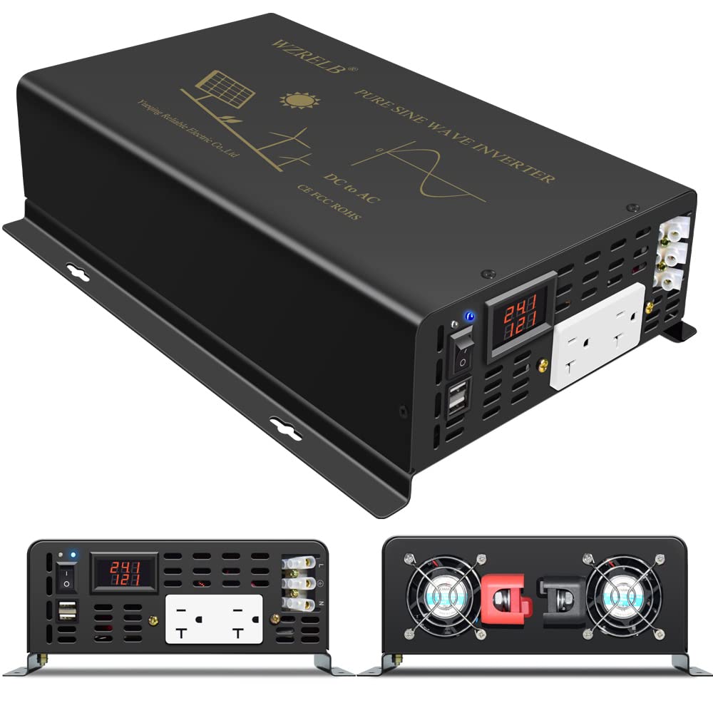 WZRELB Inversor de corriente de onda sinusoidal pura de 2500 W, 24 V CC a 120 V CA, 60 Hz, salidas de CA duales, 2 puertos USB de 2.4 A y terminal de cable duro, convertidor solar fuera de la red para