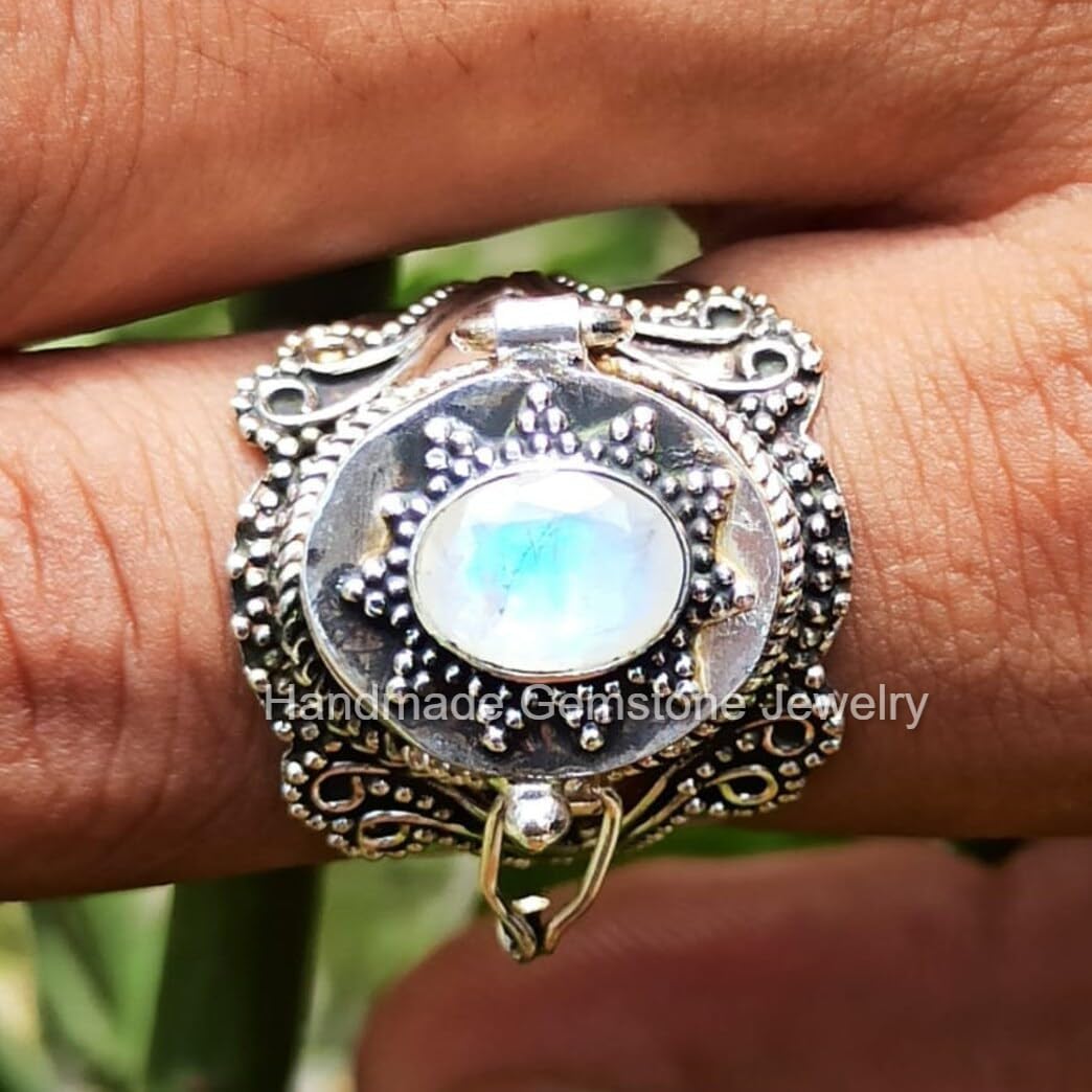 DesignerRing/Natural Moonstone Stone Poison Ring/Poisoner Ring/Plated Silver Poison Ring/Statement Ring/Pill Box Ring/925 Silver Plated