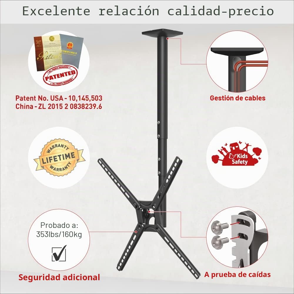 Barkan Soporte de TV de Techo, 97cm de Largo Giratorio e inclinable para Pantallas de 13-65 Pulgadas, Peso máximo 40Kg, Telescópico de Altura Ajustable, para LED OLED LCD, hasta VESA 400x400